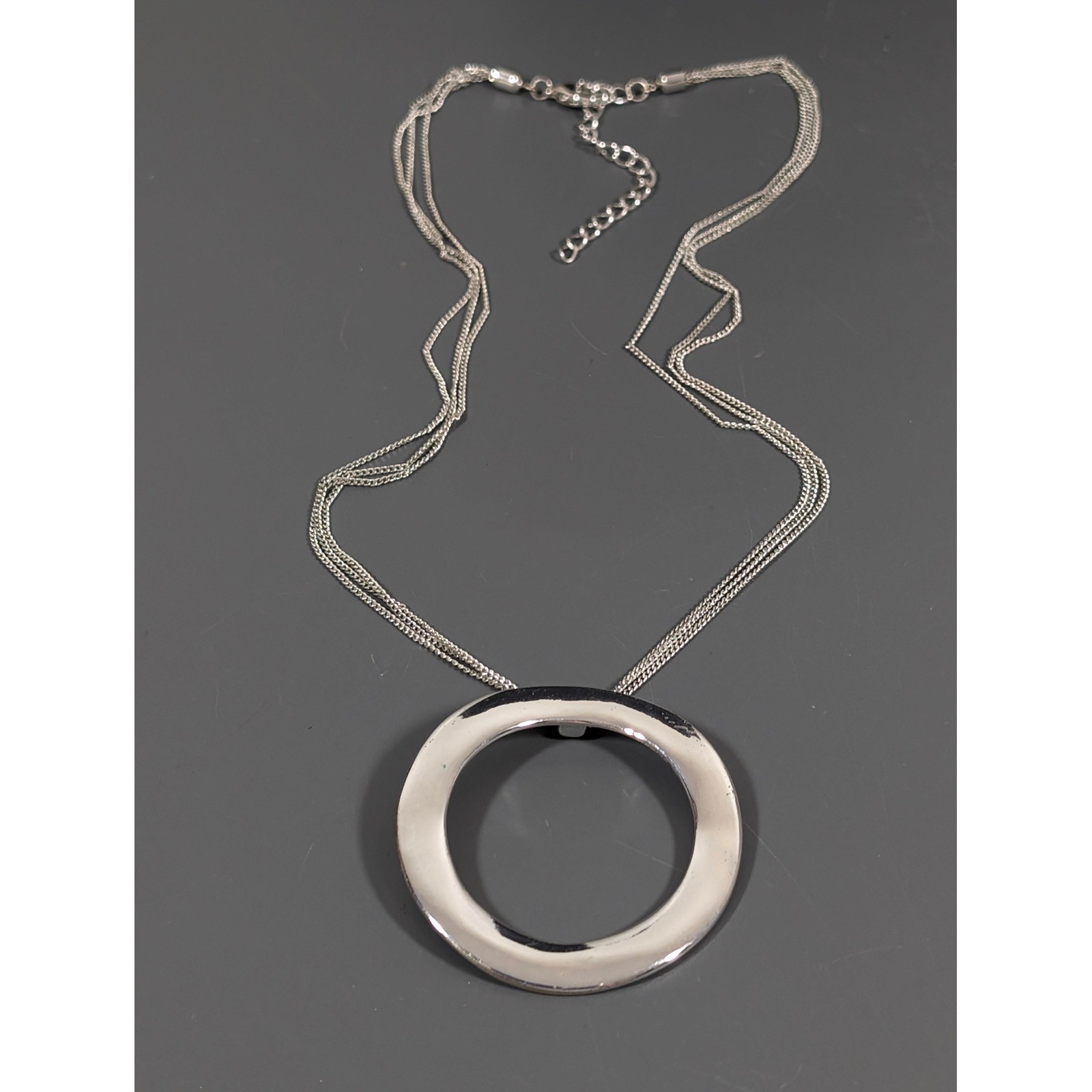 Silver Tone Circle Pendant Necklace Multi Chain Minimalist Modern Y2K 20 in