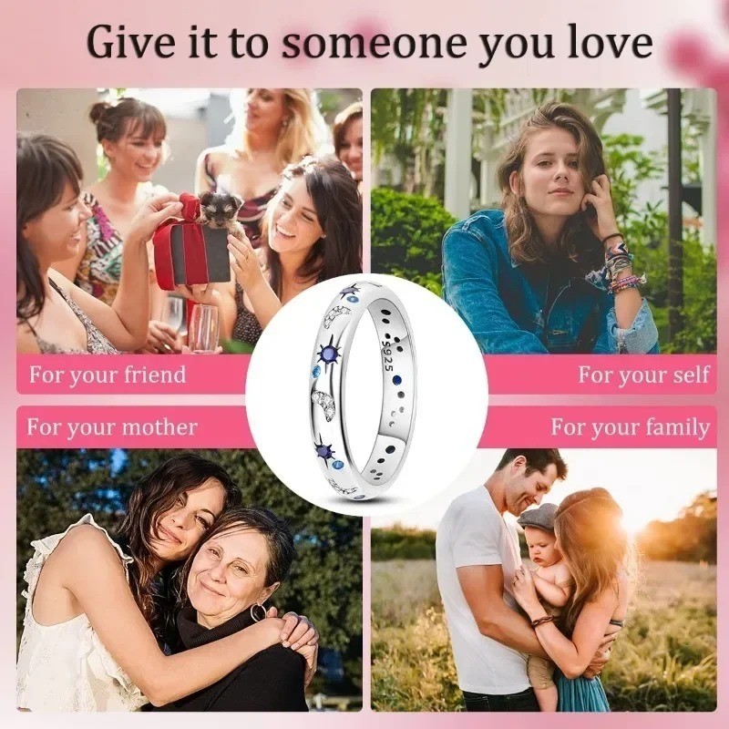New Celestial Blue Crystal Moon Sun Star Ring Women Elegant Stackable Jewelry