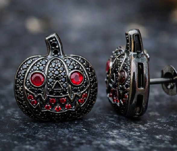 2ct SimulatedBlack Onyx/Ruby Helloween Laltrine Stud Earrings gold-plated silver
