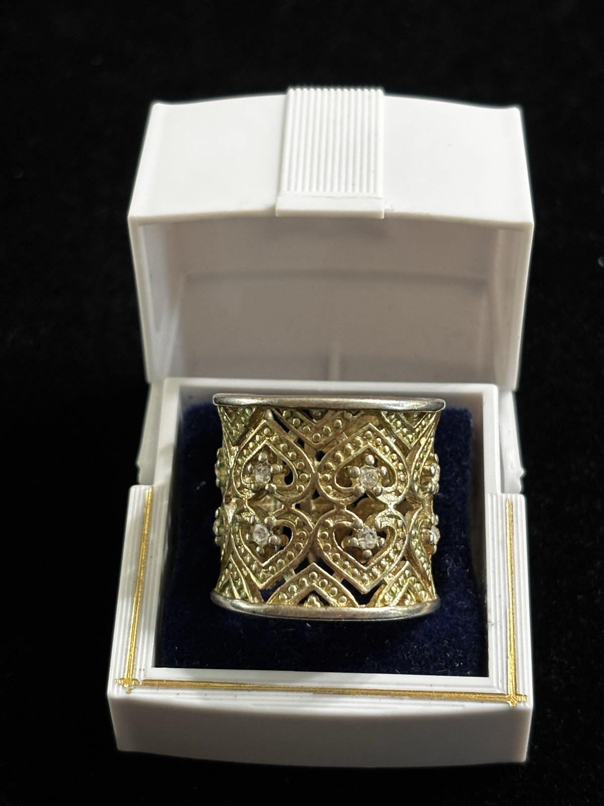 Two Toned Sterling Silver Wide Cigar Band With Filigree And Hearts Size 8-8.5