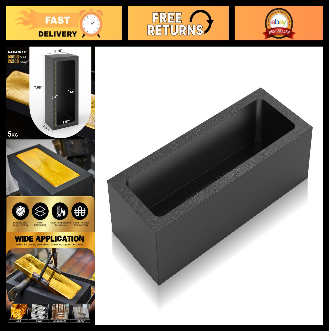 5kg Graphite Ingot Mold for Metal Casting & Melting – Heat Resistant 1800℃/3272℉