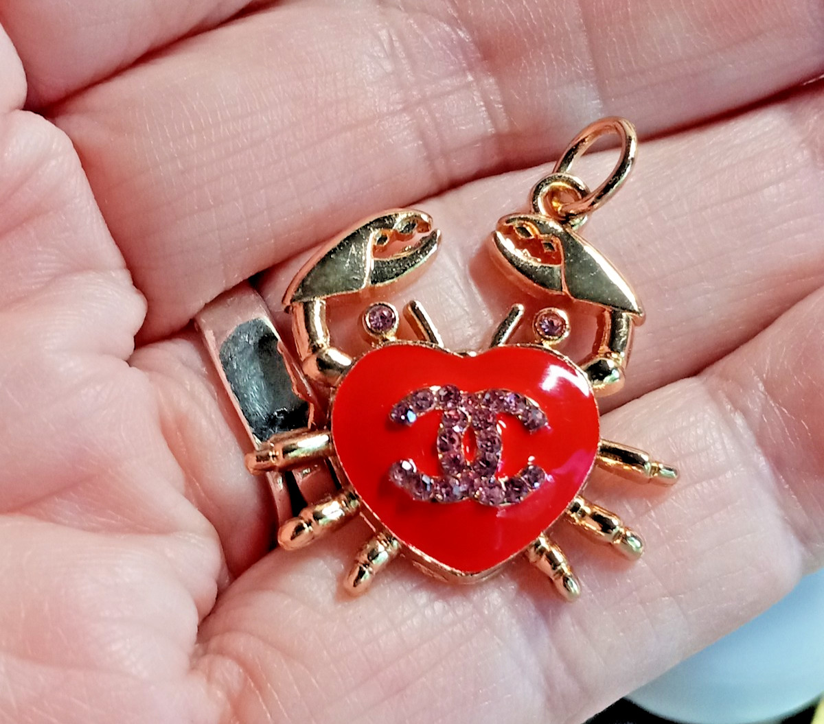 Designer Pendant, Gold Tone Red Crab Pendant with faux Pink Diamonds
