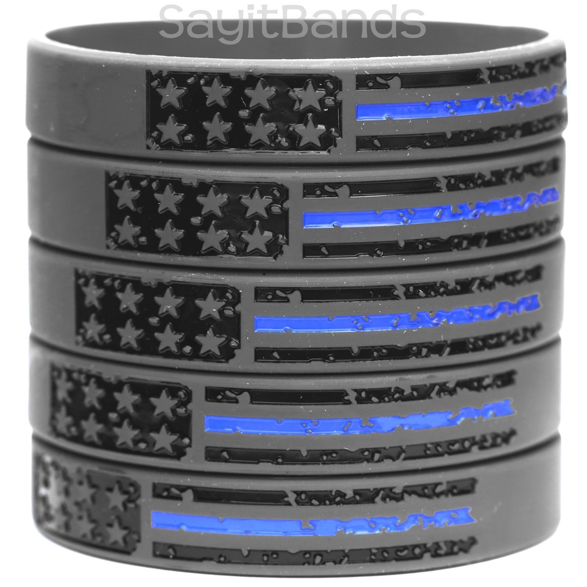 Five (5) Vintage Flag Thin BLUE Line Wristbands Police Band Awareness Bracelets