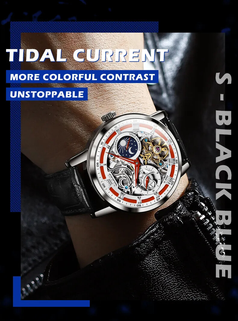 OLEVS Skeleton Self-Wind Automatic Mechanical Men’s Watch Leather Moon Phase