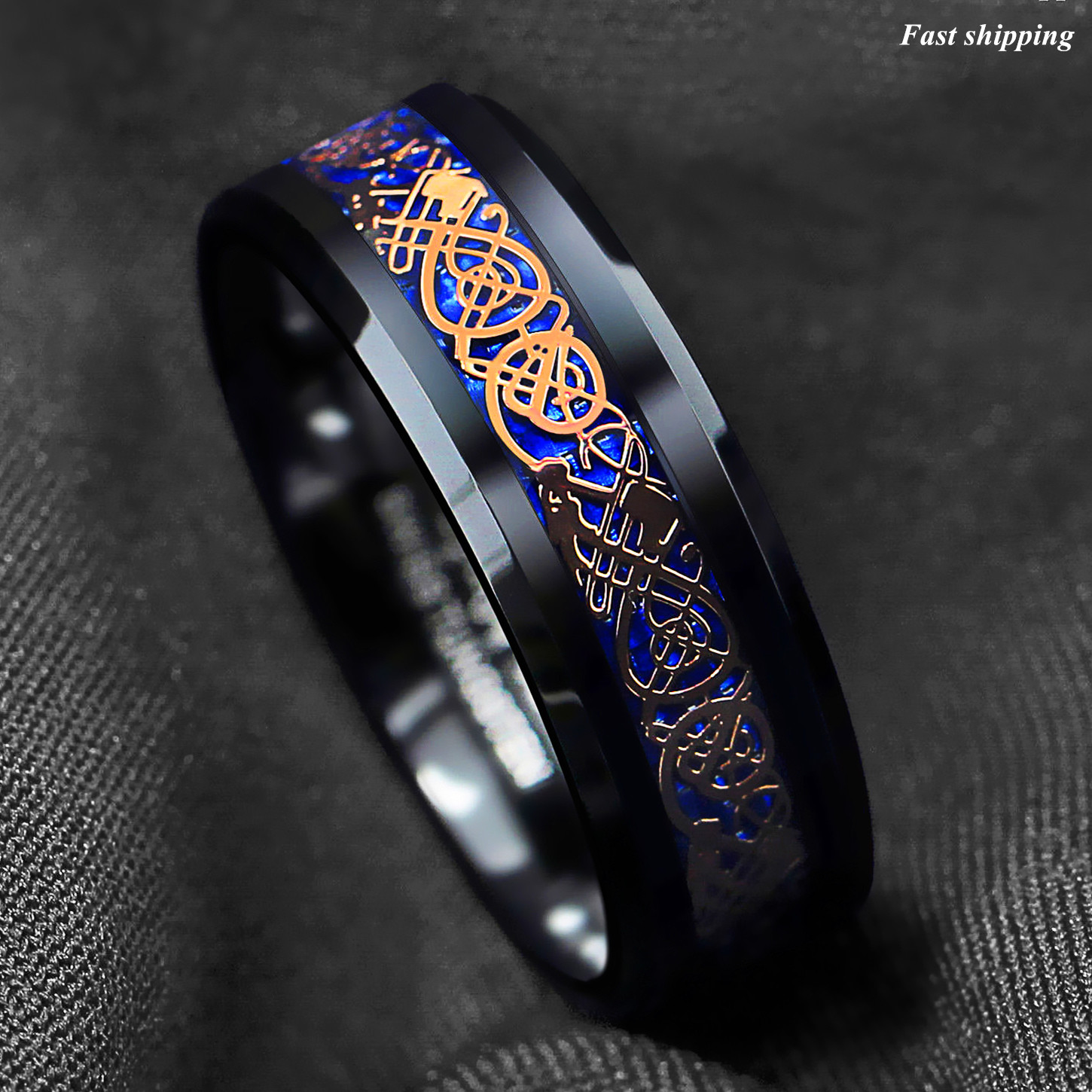 8mm Black Tungsten Ring Rose Gold Celtic Dragon Blue Carbon Fibre ATOP Jewelry