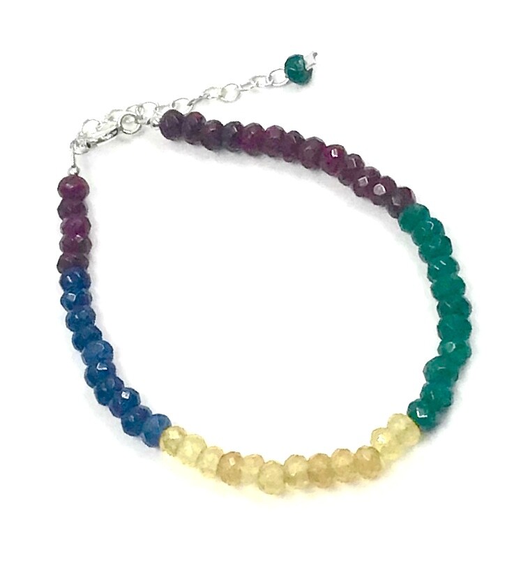 Genuine Multi Sapphire Ruby Emerald Natural Color 925 Silver Handmade Bracelet
