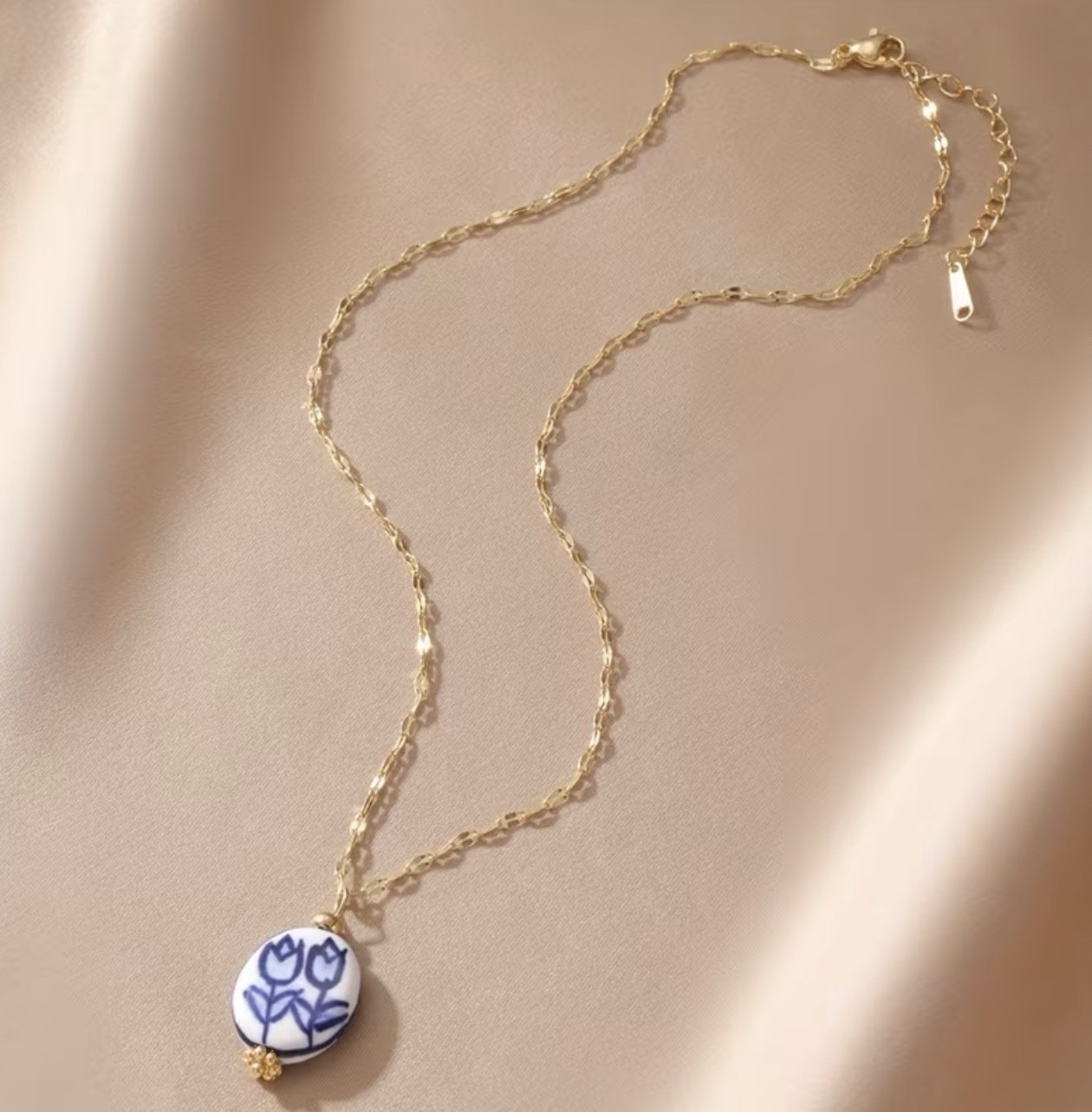 Elegant Porcelain Pendant Necklace Blue White, Vintage, Flower, Gift For Her