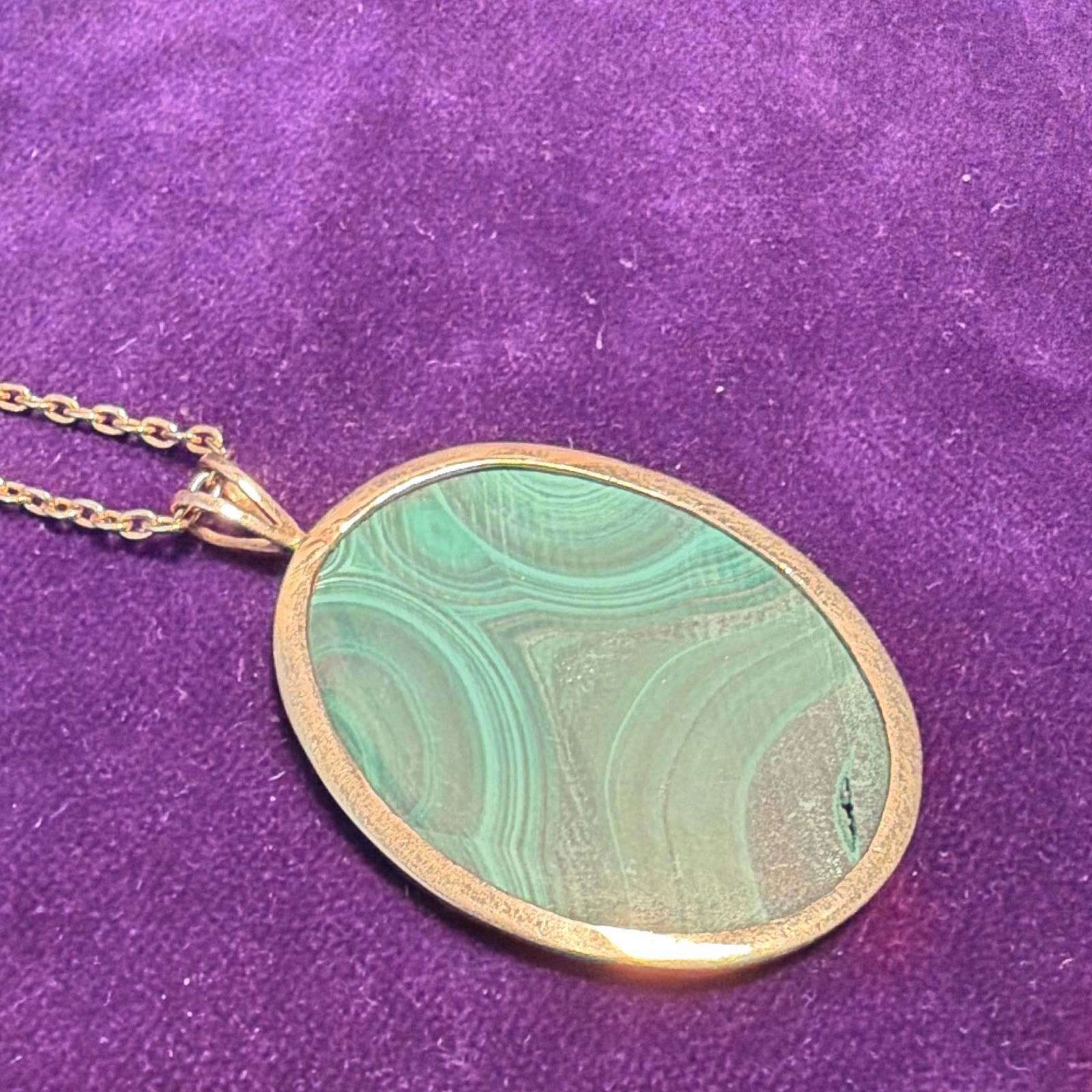 Yellow Gold Cable Chain Necklace, Natural Green Oval Malachite Pendant