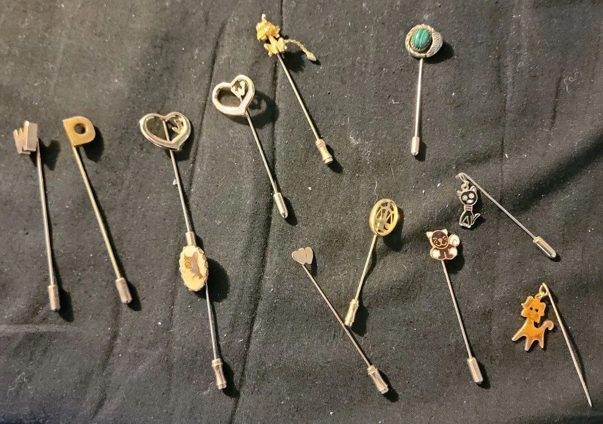 Lot of 12 Vintage/Art Deco Stick Pins Gold Tone Variety