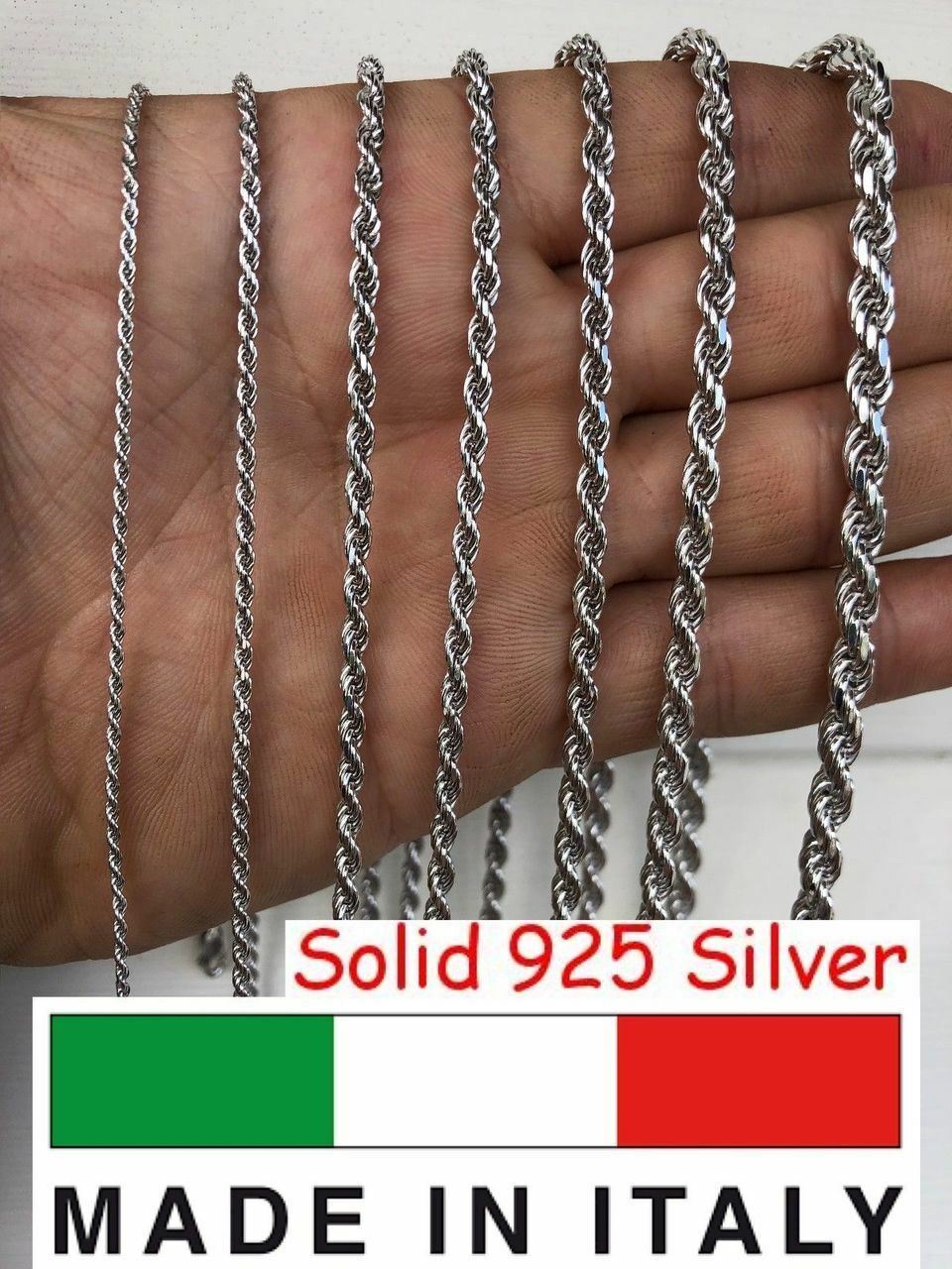 Men’s Women’s Real Solid 925 Sterling Silver Rope Chain 1.5-5mm 16″-30″ ITALY