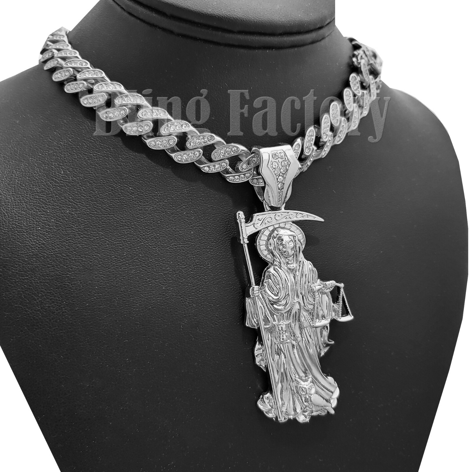 Silver Plated Alloy SAINT DEATH SANTA MUERTE Cubic Zirconia Cuban Chain Necklace