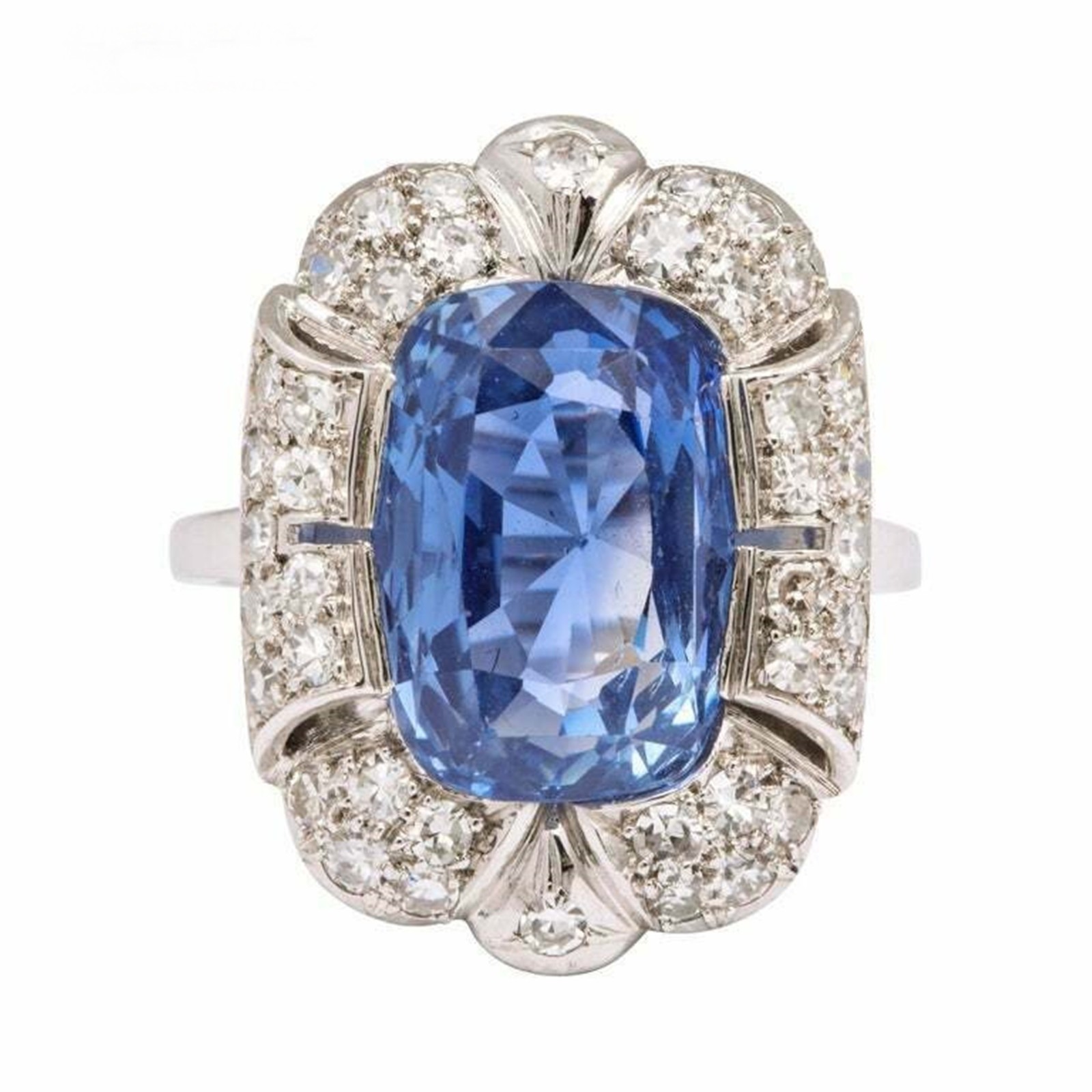 Blue Cushion Simulated Diamond 14k Gold Art Deco Vintage Style Engagement Ring