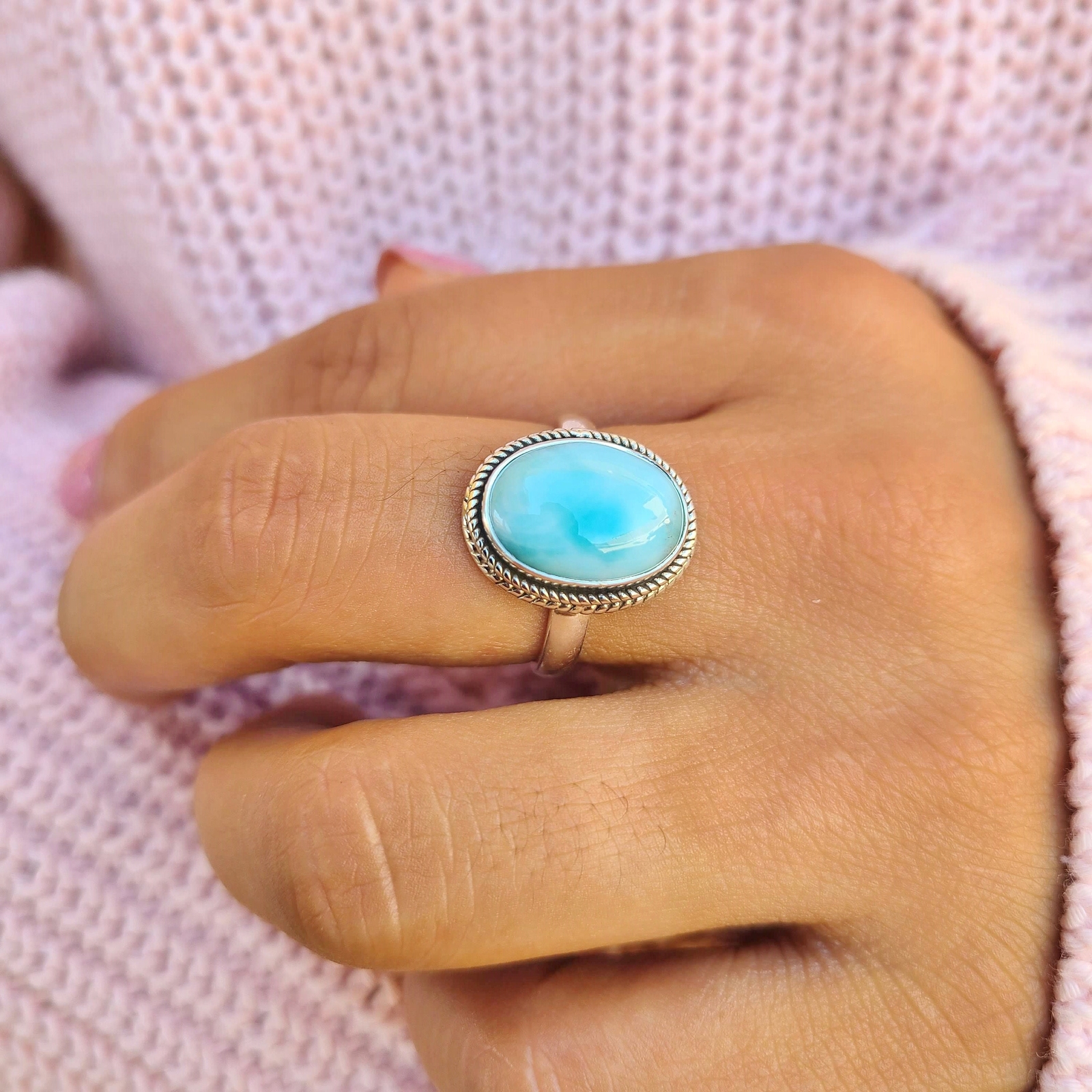 Genuine Larimar Ring 925 Sterling Silver Statement Ring Hand Made Ships From USA