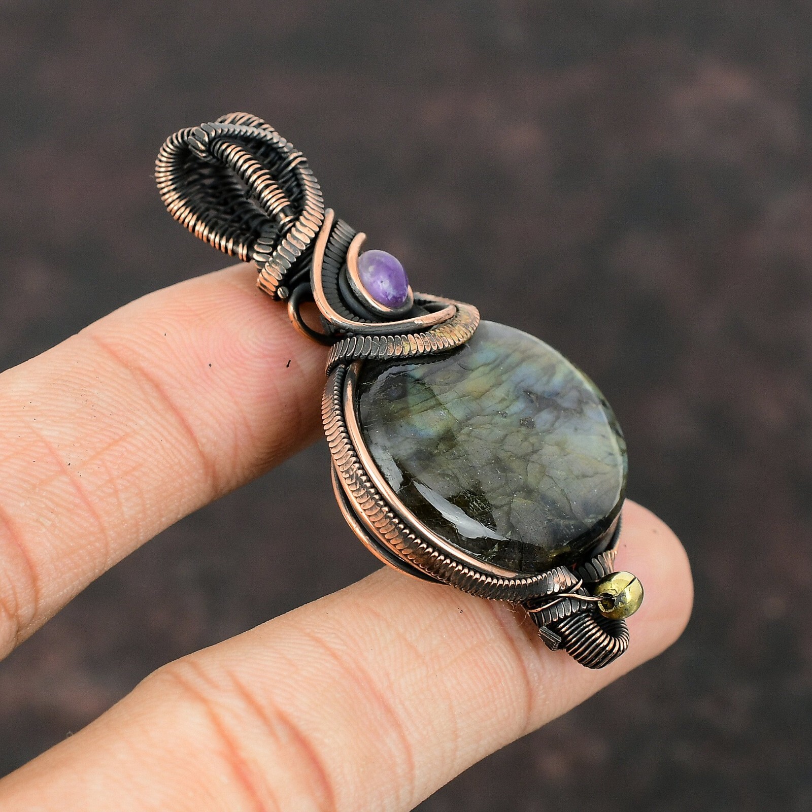 Labradorite Gemstone Jewelry Copper Gift For Bestie Wire Wrapped Pendant 2.44″