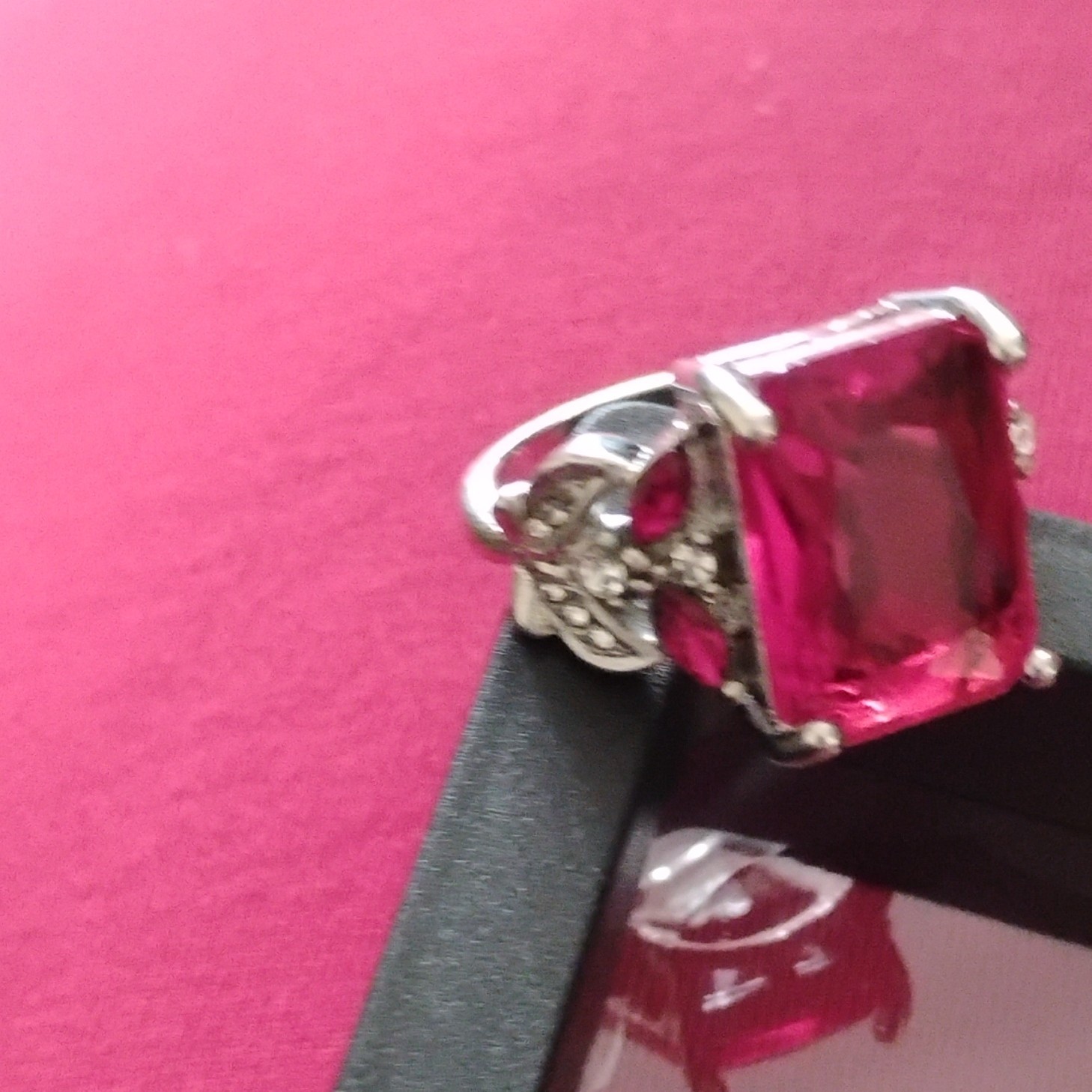 Silver Tone Cocktail Ring Size 7 Emerald Cut Pink Stone Prong Clear Accents
