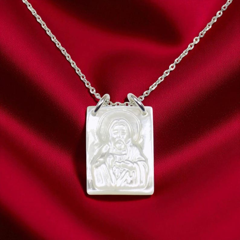 Scapular Christian Necklace, Virgin Mary Mother of Pearl Scapular Necklace