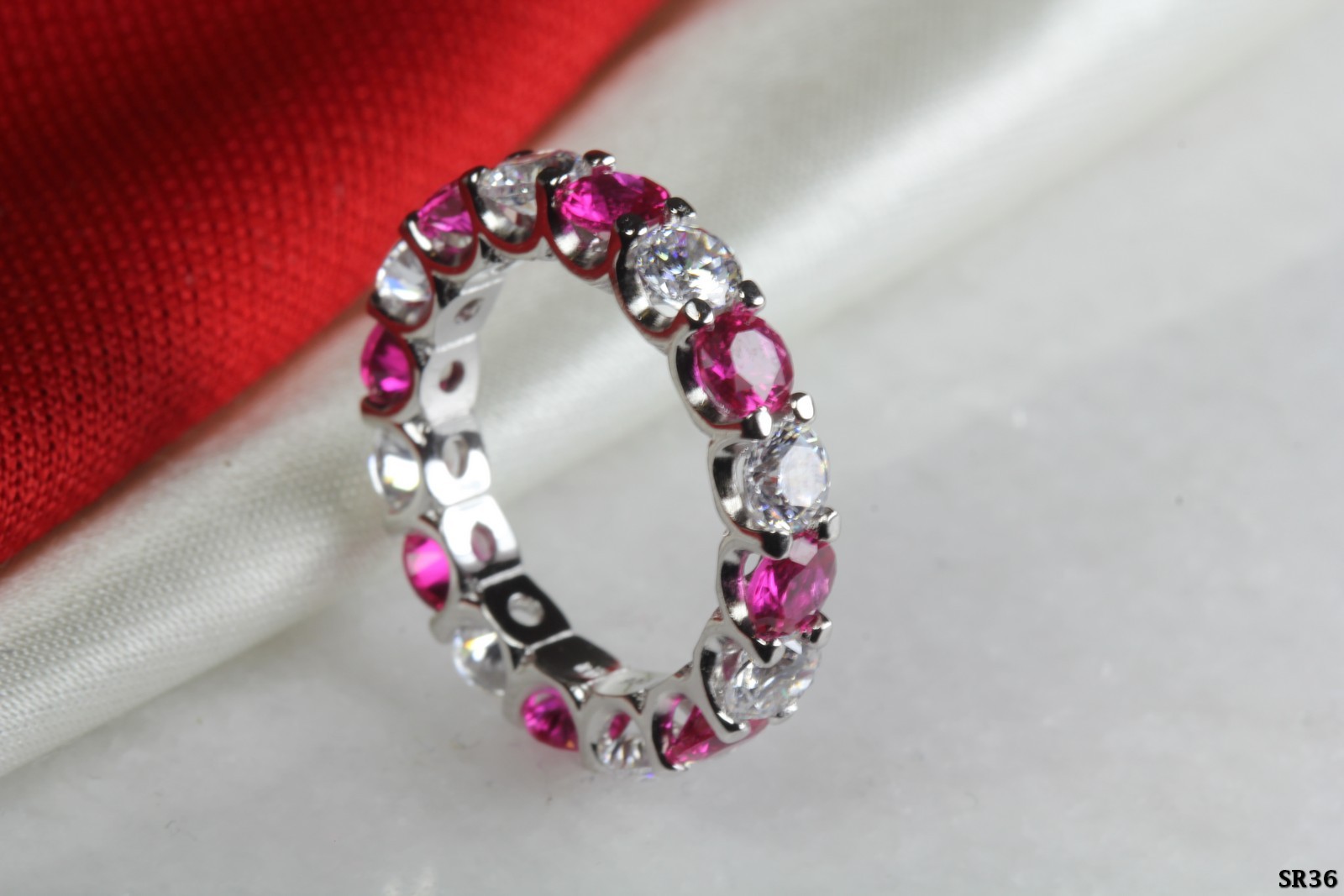 Hot Pink CZ And White Round Silver 925 Eternity Ring Anniversary Band