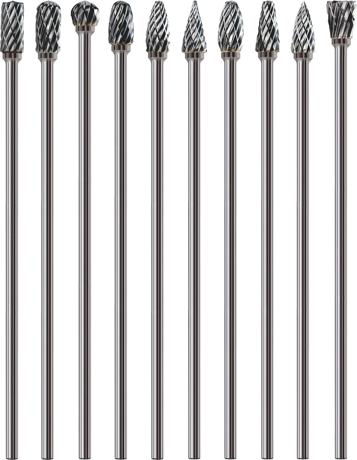 10 Pcs 1/8″ Long Shaft Tungsten Carbide Burrs Set Kit Bits 4.5″ Shank…