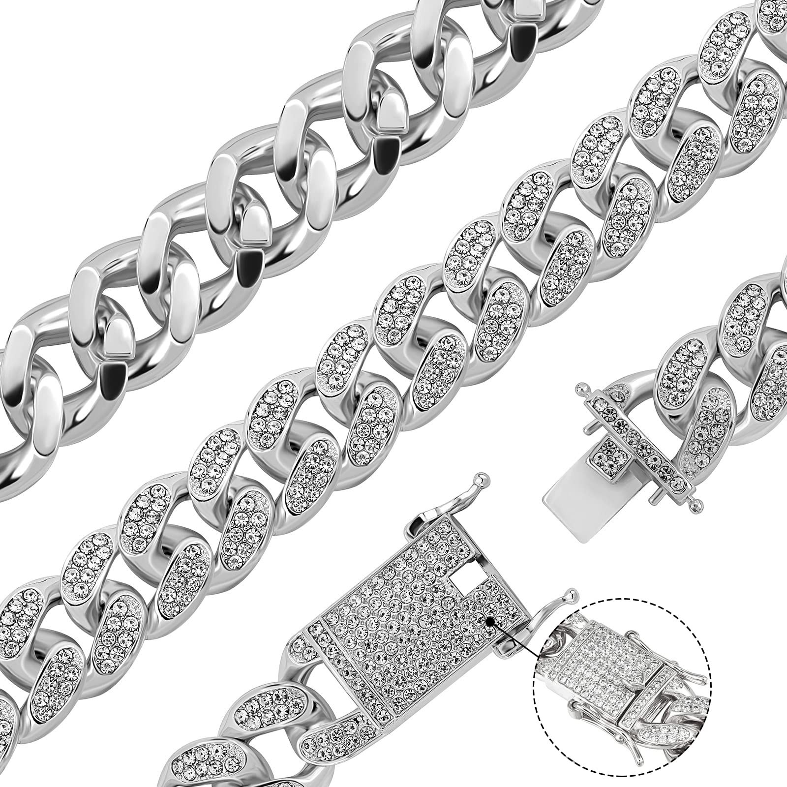 Men’s Cuban Link Chain & Bracelet Set, Silver Iced Out Diamond Hip Hop Jewelry
