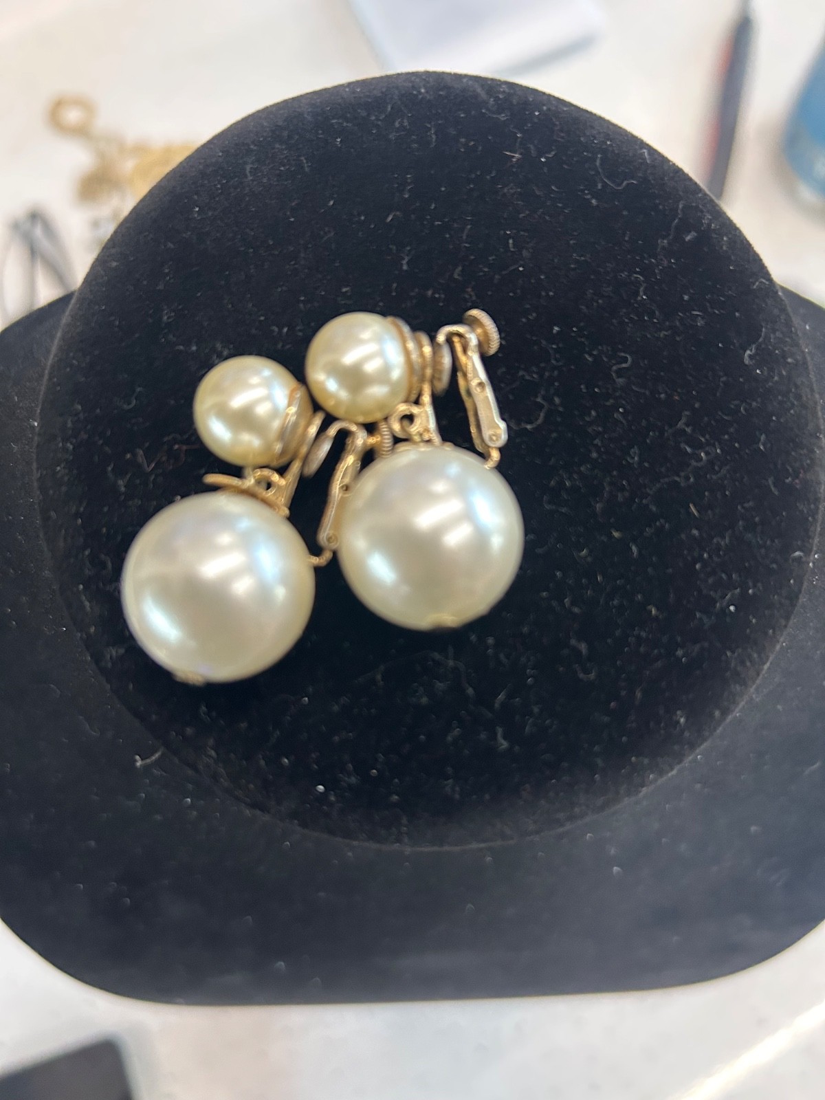 Coro double faux pearl earrings with a screw back post