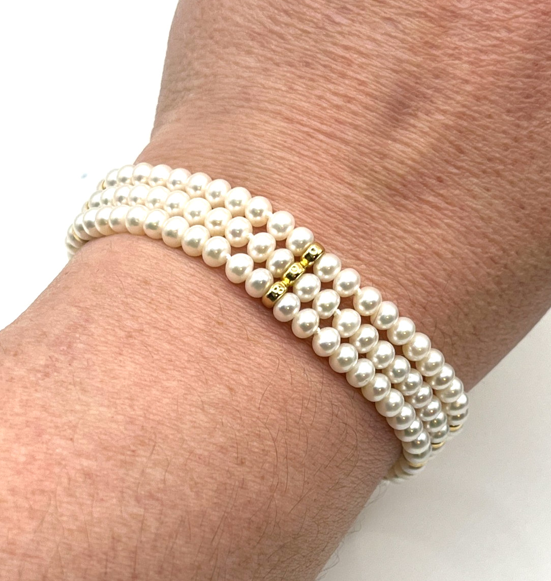 Estate Pearl Bracelet Sz 6.5 Triple Strand 4mm Push Clasp 14K Gold Clasp Spacers