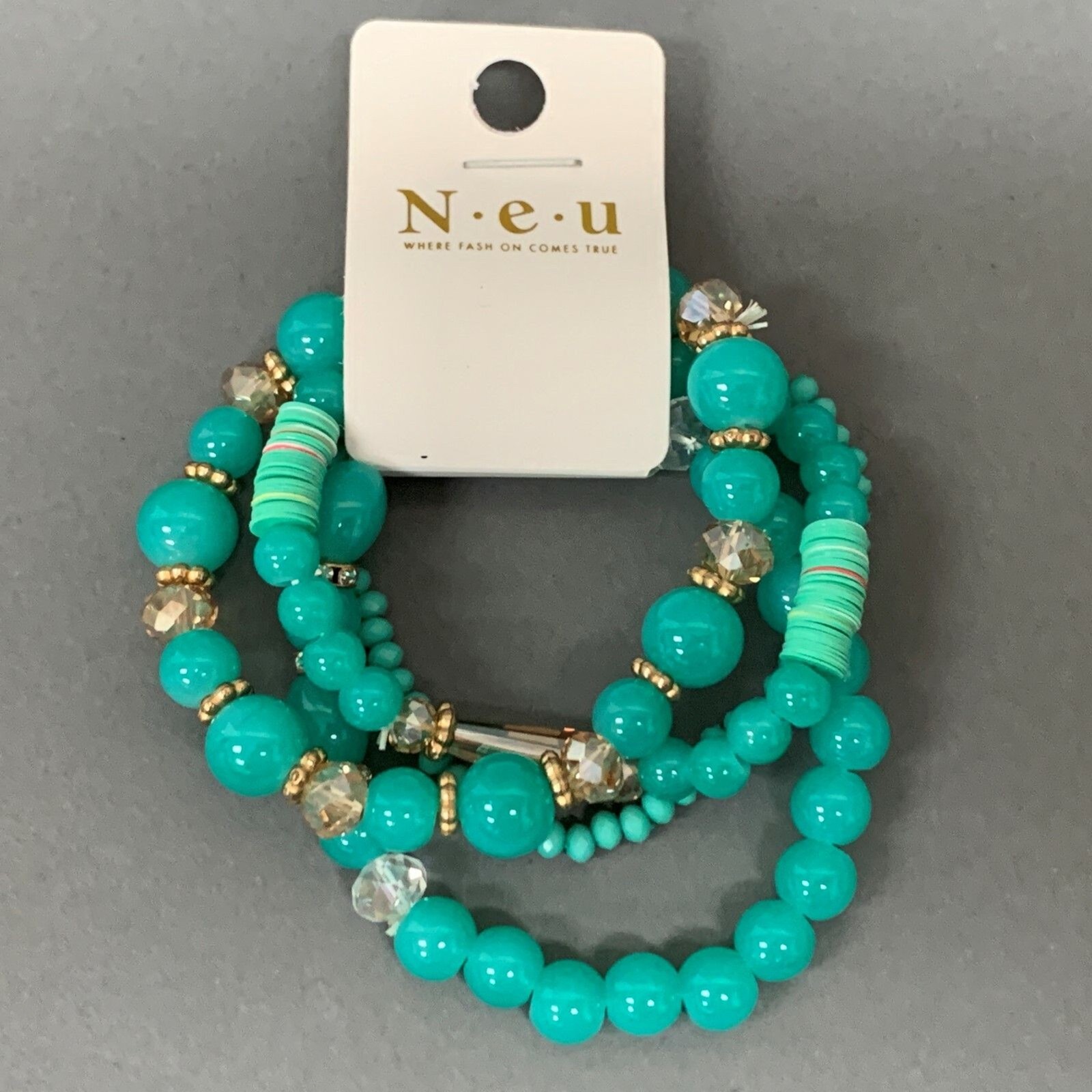 Neu Blue Green Gold-tone Beaded Stretch Bracelet Lot of 4 NWT
