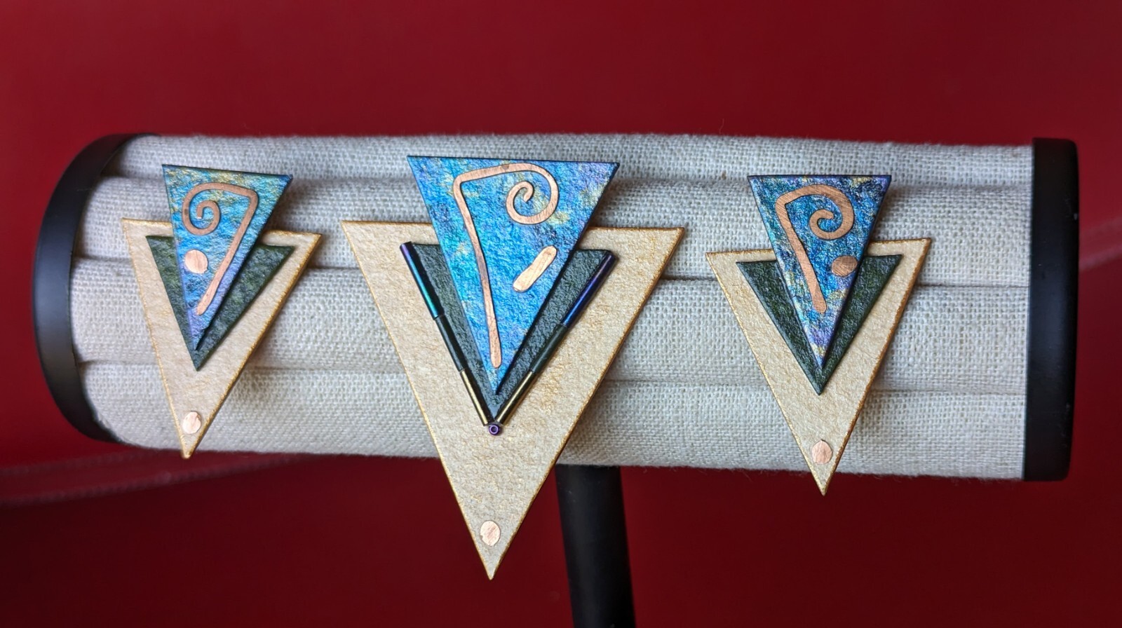 Artisan 3pc SET Gold Blue Green Paper Triangle Brooch & Earrings Modern Abstract