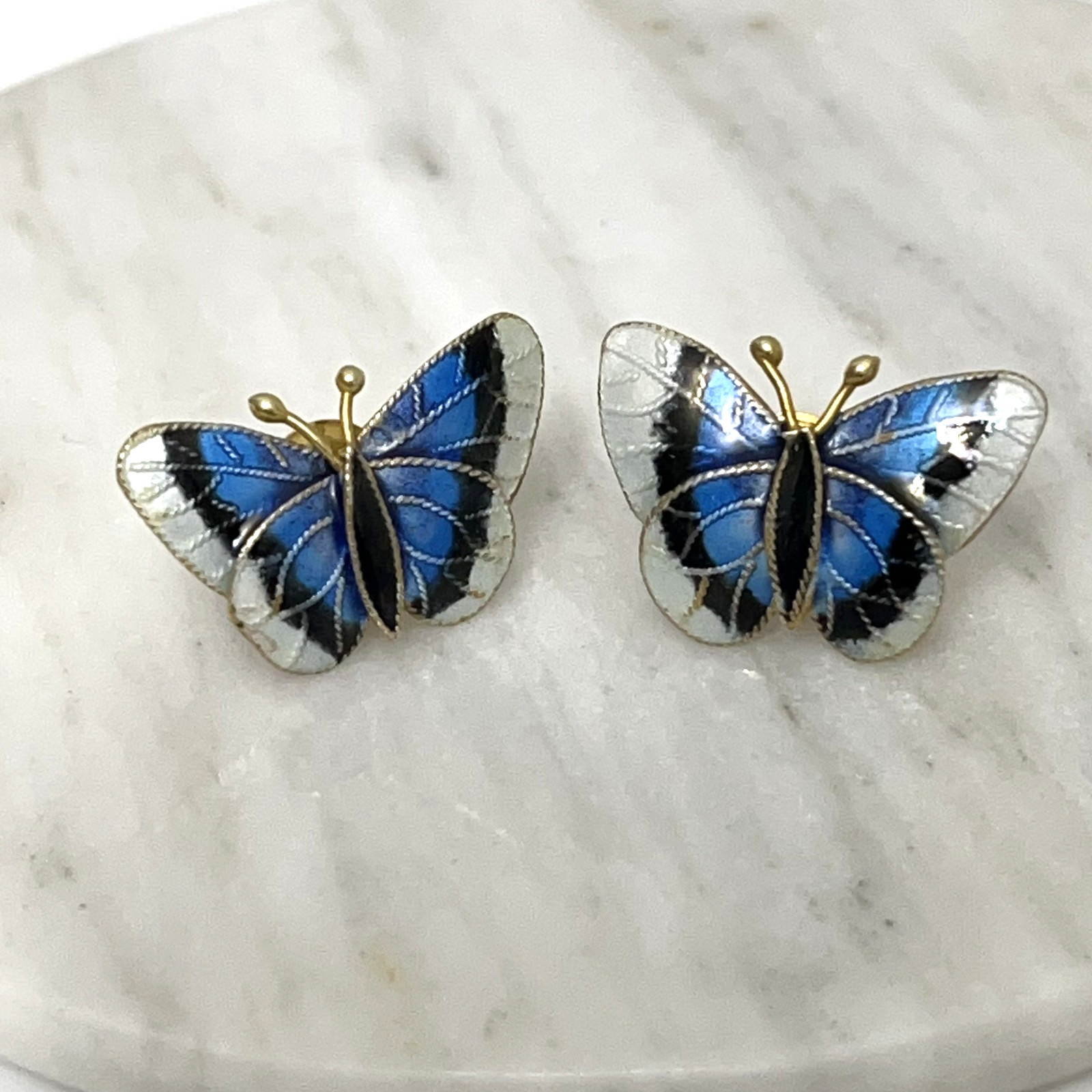 Vintage Sterling Silver Enamel Butterfly Earrings Post Gold Blue Black 925