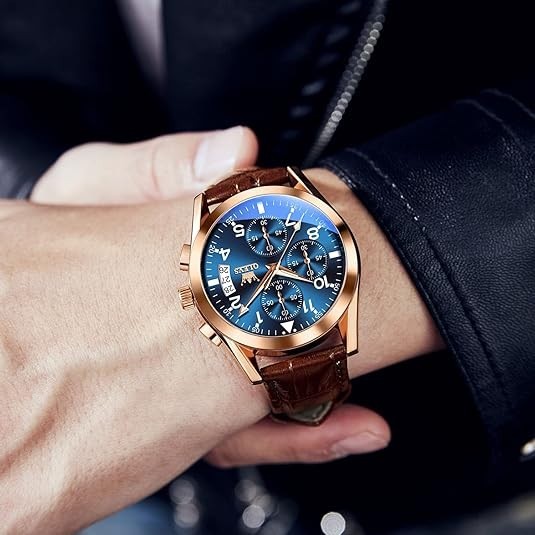 Men’s Casual Leather Watch Big Face Chronograph Watch Waterproof Luminous Date