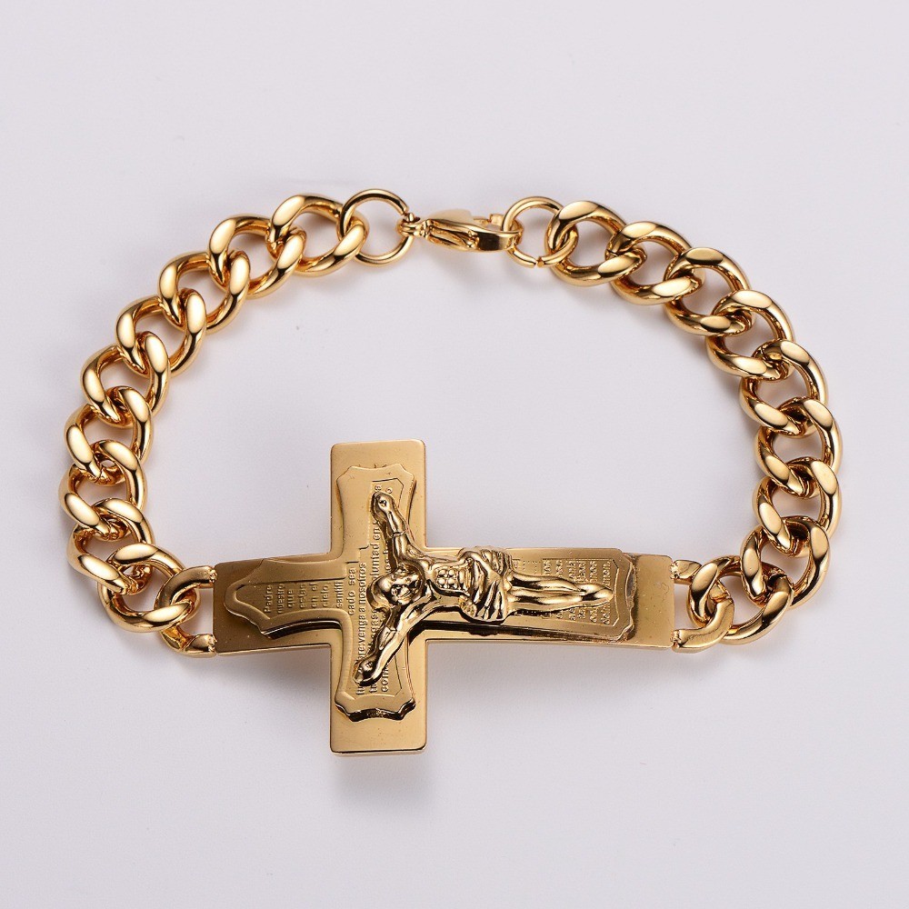 Stainless steel Scripture Jesus Christ Crucifix Religious Cross Curved Bracelet