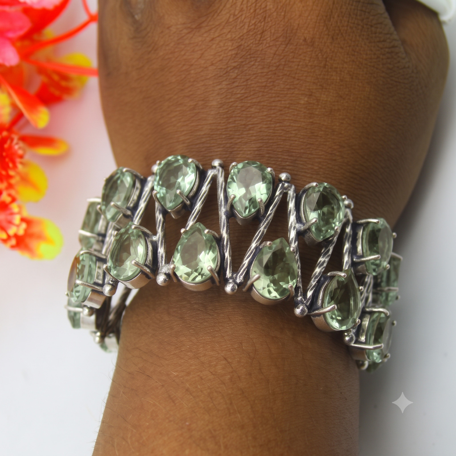 Green Amethyst Gemstone Handmade 925 Sterling Silver Cuff Bracelet Jewelry 8″