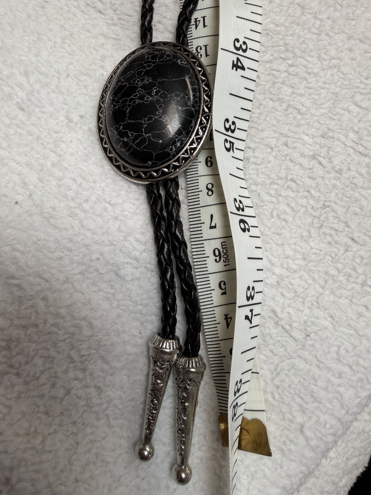 Western Adjustable Black Faux Leather Bolo Tie Oval Slide Silver-Tone Tips