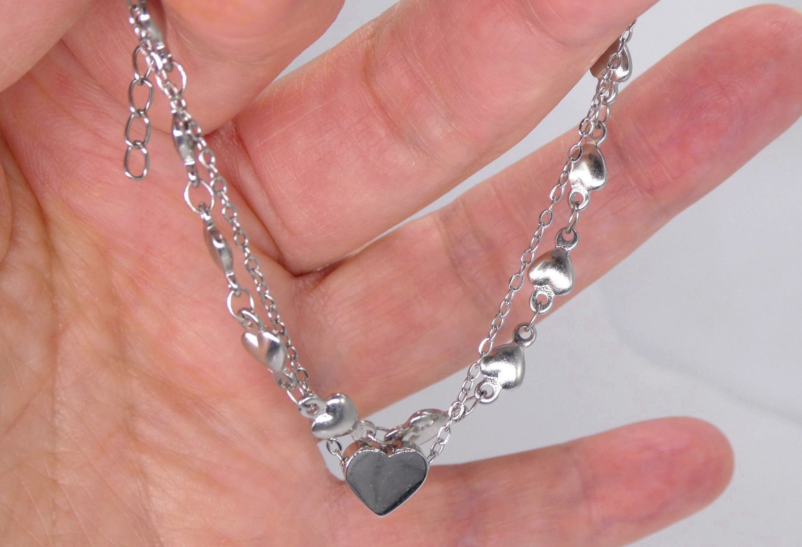 Silver Tone Double Layer Heart Bracelet Elegant Pretty Dainty Chain