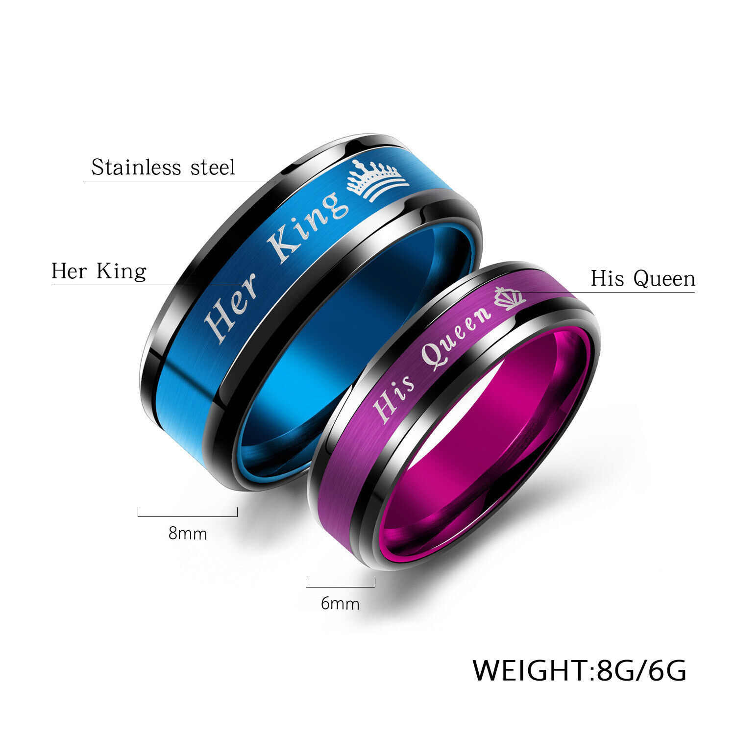 2PCS Her King His Queen Couple Rings Stainless Steel Wedding Promise Band #5-13