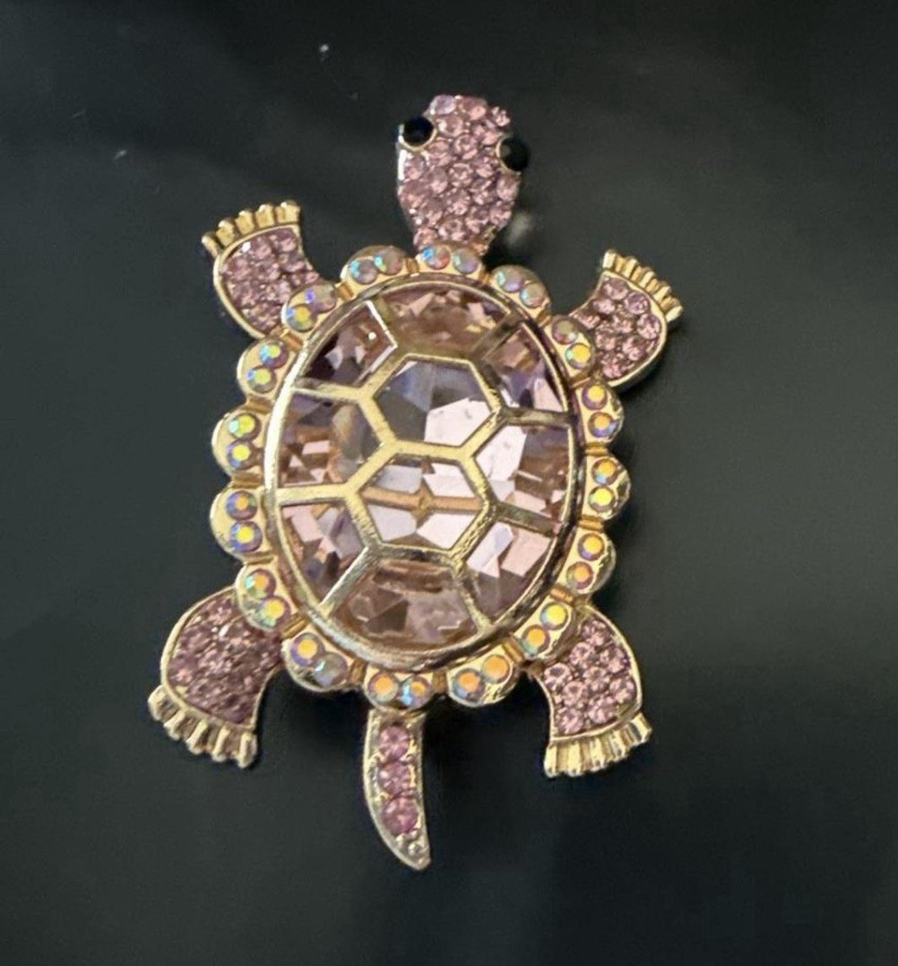 Gold Tone Pink Rhinestone Turtle Brooch Pin, Animals & Insects Theme
