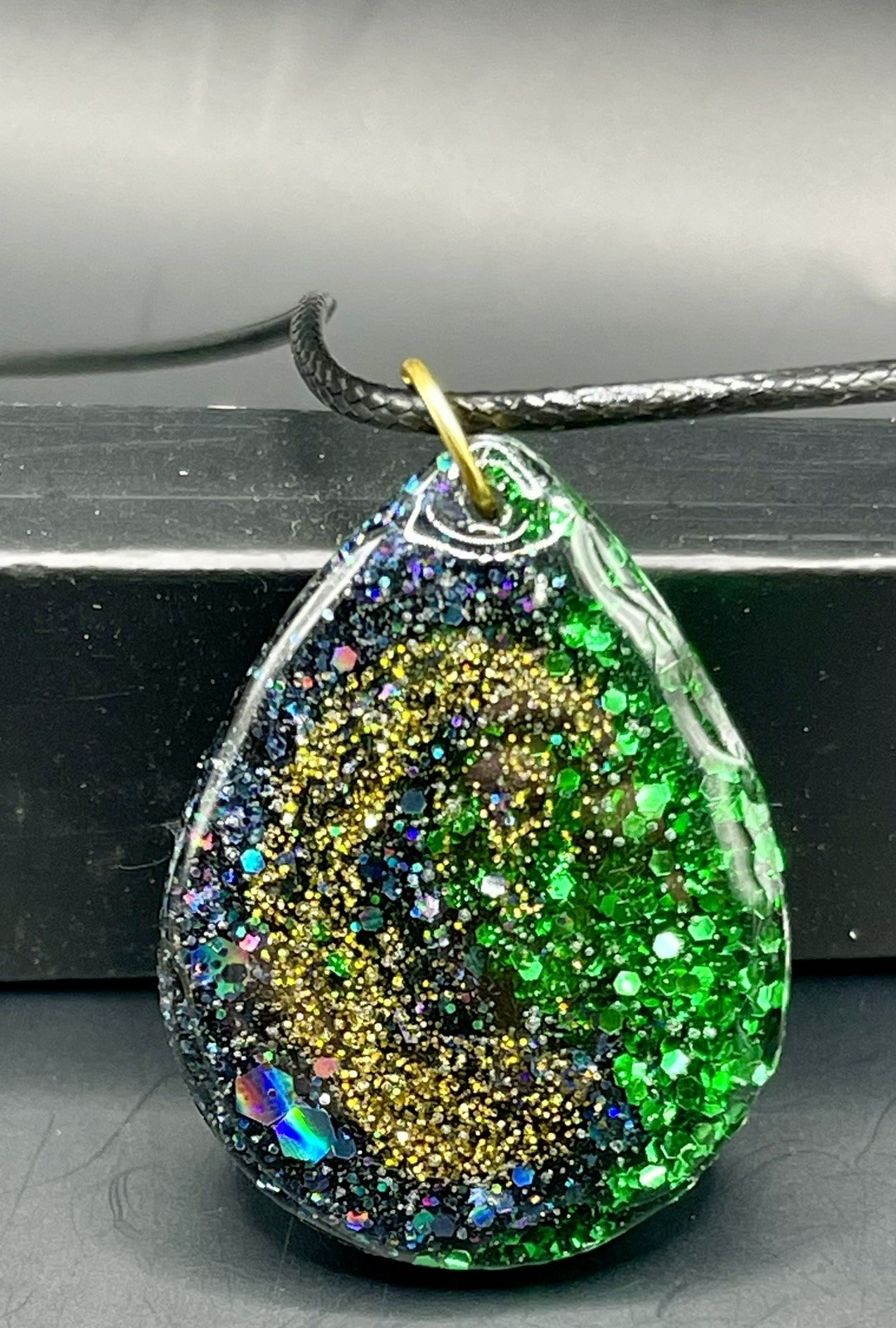 Handmade Resin Teardrop Pendant, blue/green/gold Glitter Swirl, 18” Cord