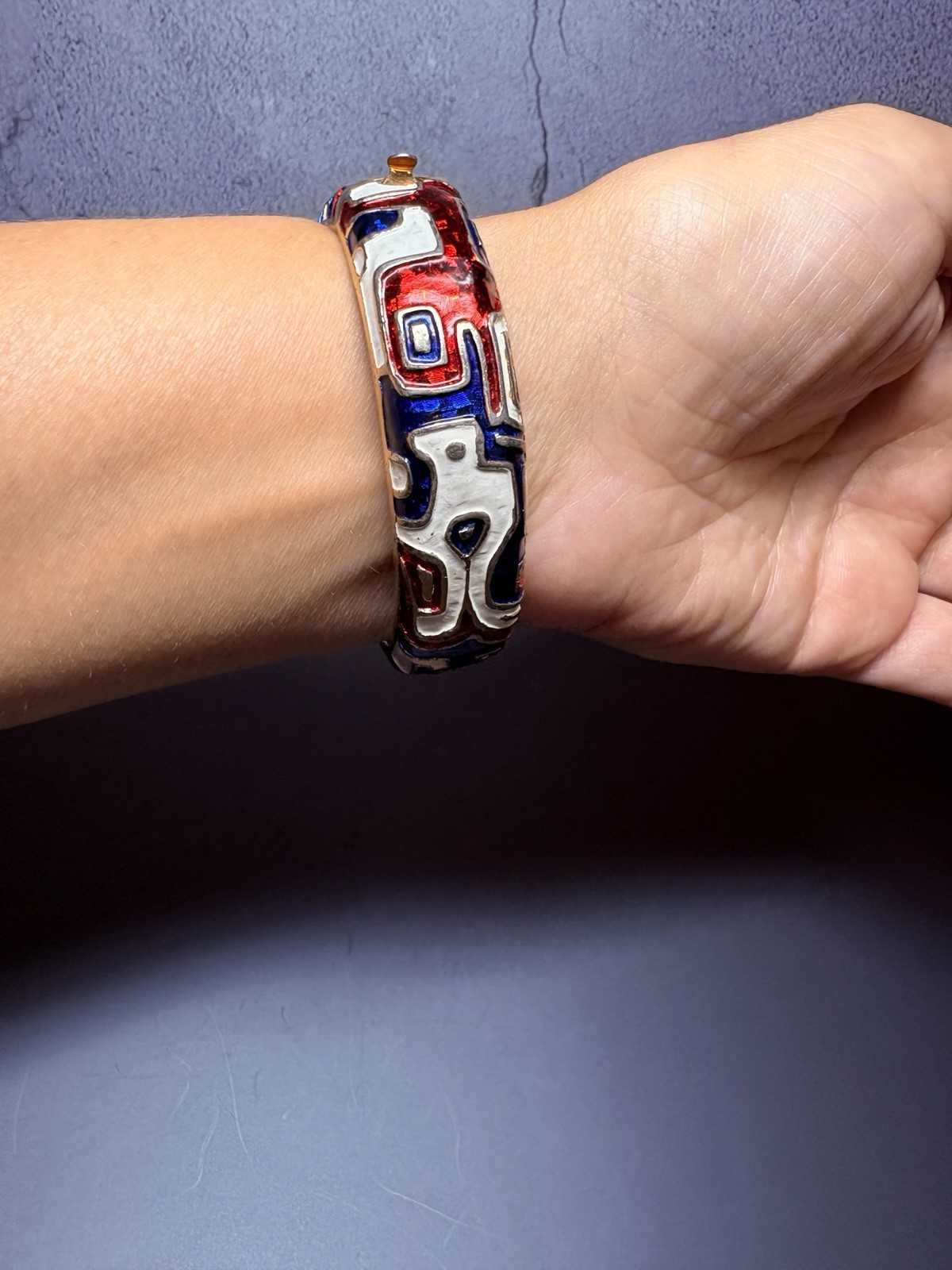 Vintage Marcel Boucher Red White Blue Enamel Hinged Bangle Bracelet Patriotic
