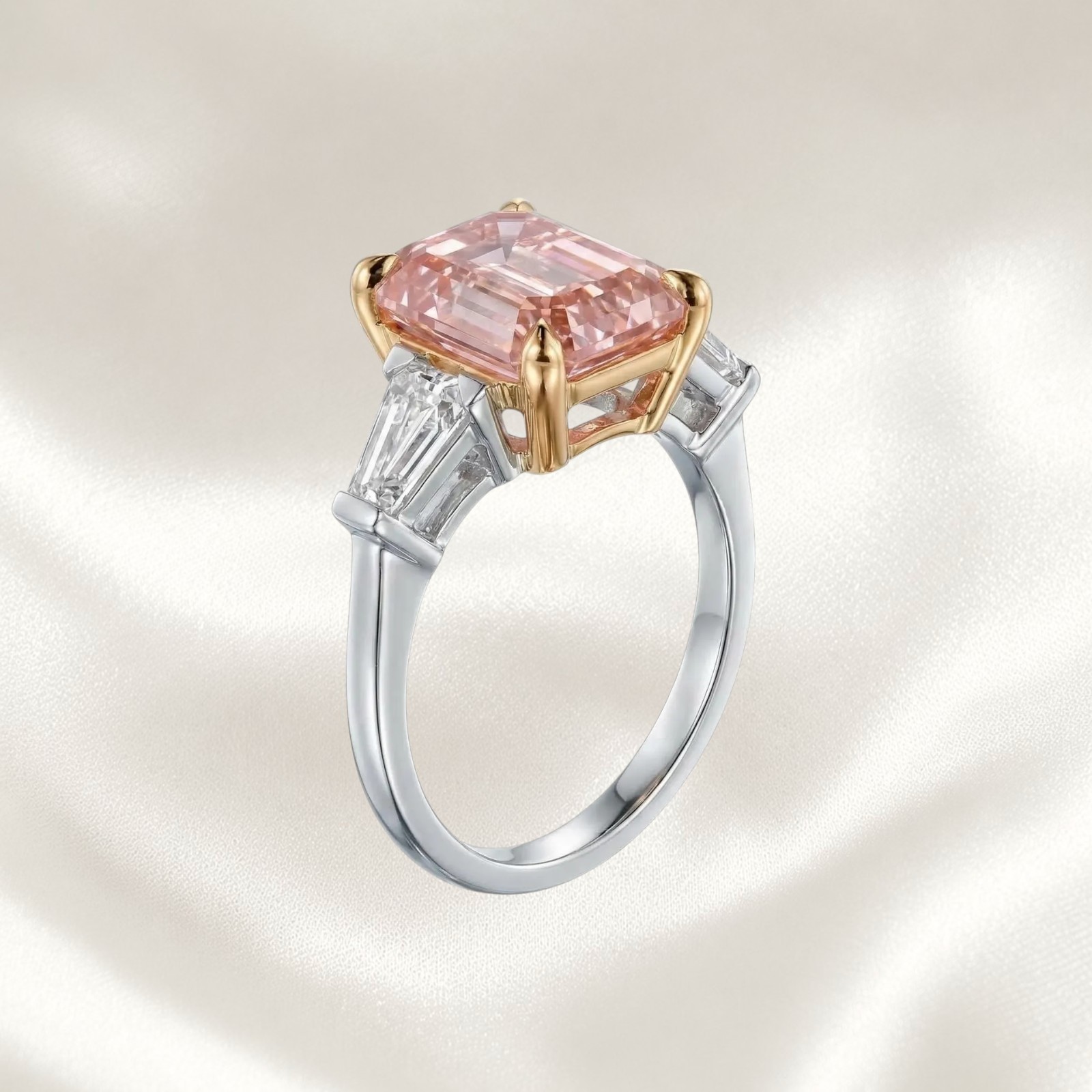 IGI Lab Created Diamond Ring 2.30 CT Emerald Cut Fancy Vivid Pink 14K Multi Gold