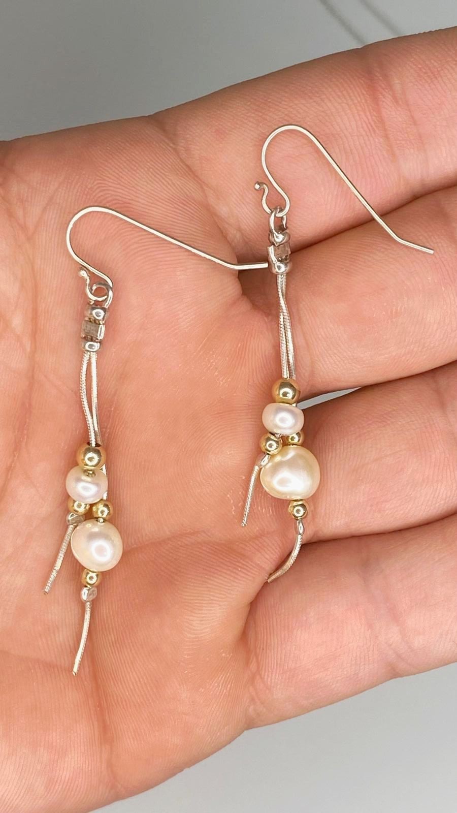 925 Silver Pearl Necklace & Dangle Earrings Set Gold Beads Elegant