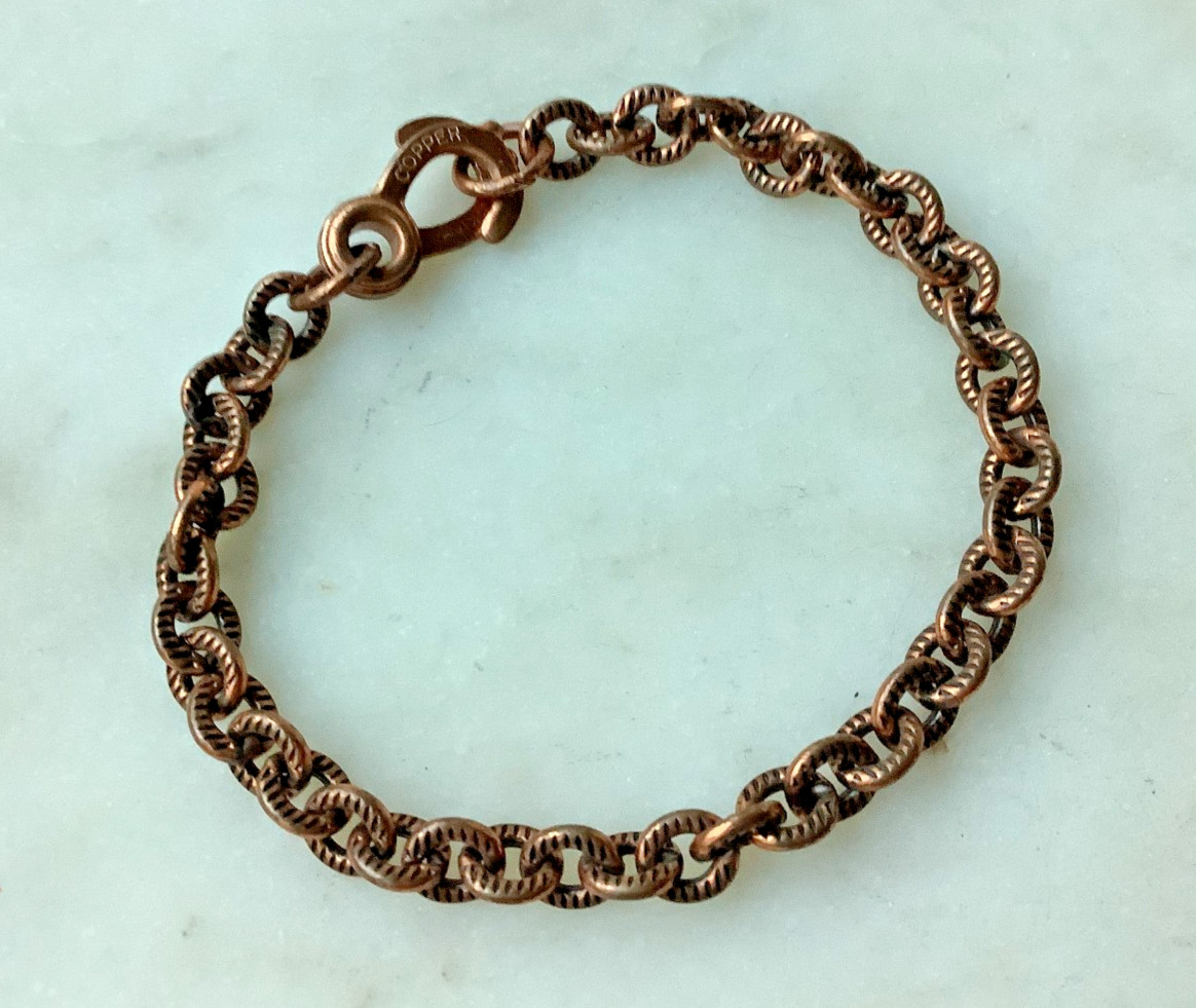 Solid Copper Bracelet Vintage Etched Links Unisex, Signed 6.5” Estate Jewelry
