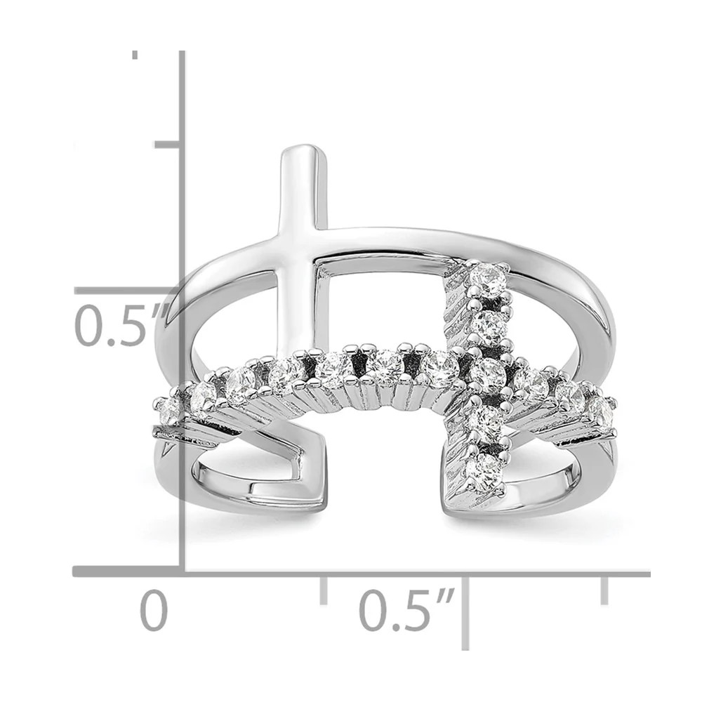 True Fire Sterling Silver Rhodium-Plated Double Cross CZ Open Back Ring