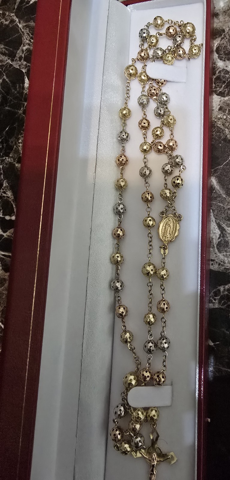 14K Solid Tri color Gold 2.4mm Puf Ball Virgin Guadalupe Rosary Necklace Rosario
