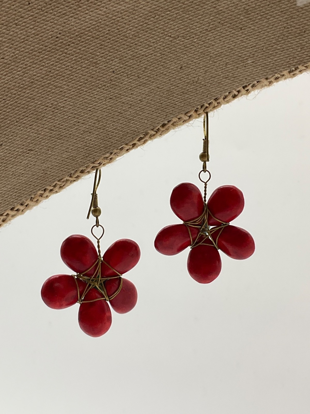 Artisan Handmade Ceramic Beads Red Turquoise Flower Earrings Wired Boho
