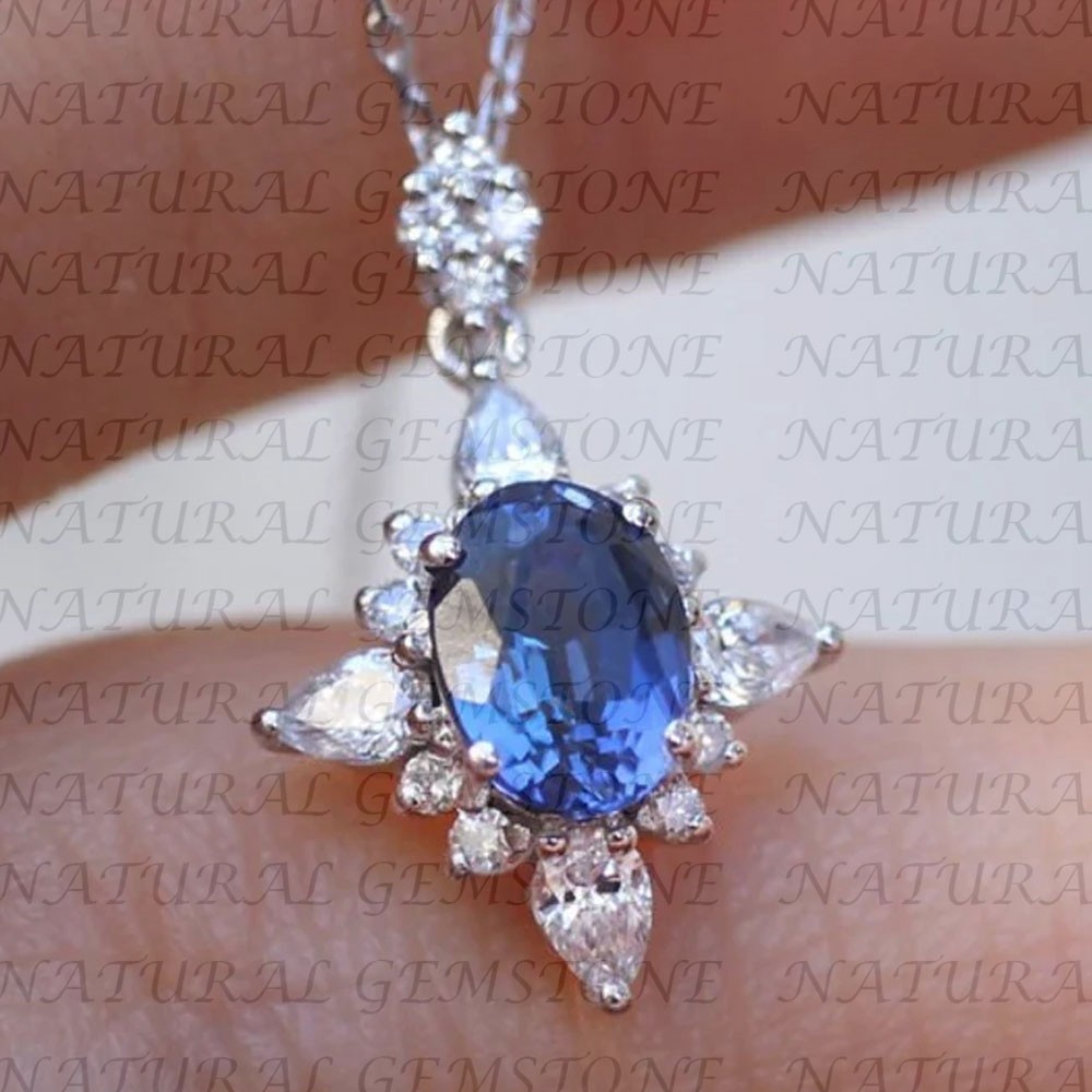 6.80Carat Oval Shape Natural Sapphire and Diamond Pendant 18K White Gold Plated