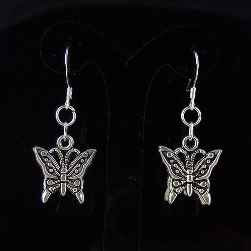 Cute Sterling Silver Hook & Tibetan Silver Butterfly Charm Dangle Drop Earrings