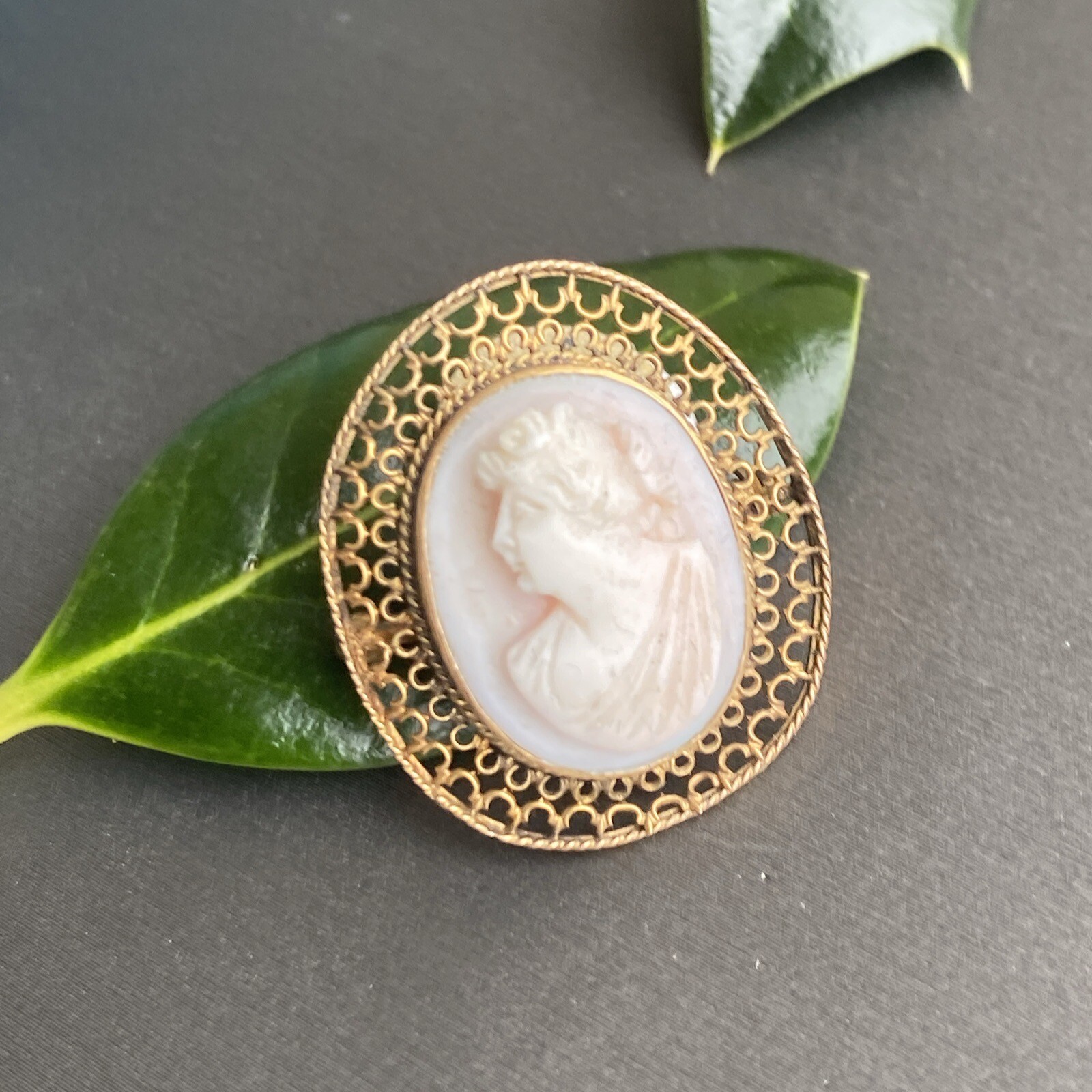 14K Yellow Gold Coral Cameo Brooch Antique Goddess Beauty Profile Fine Jewelry