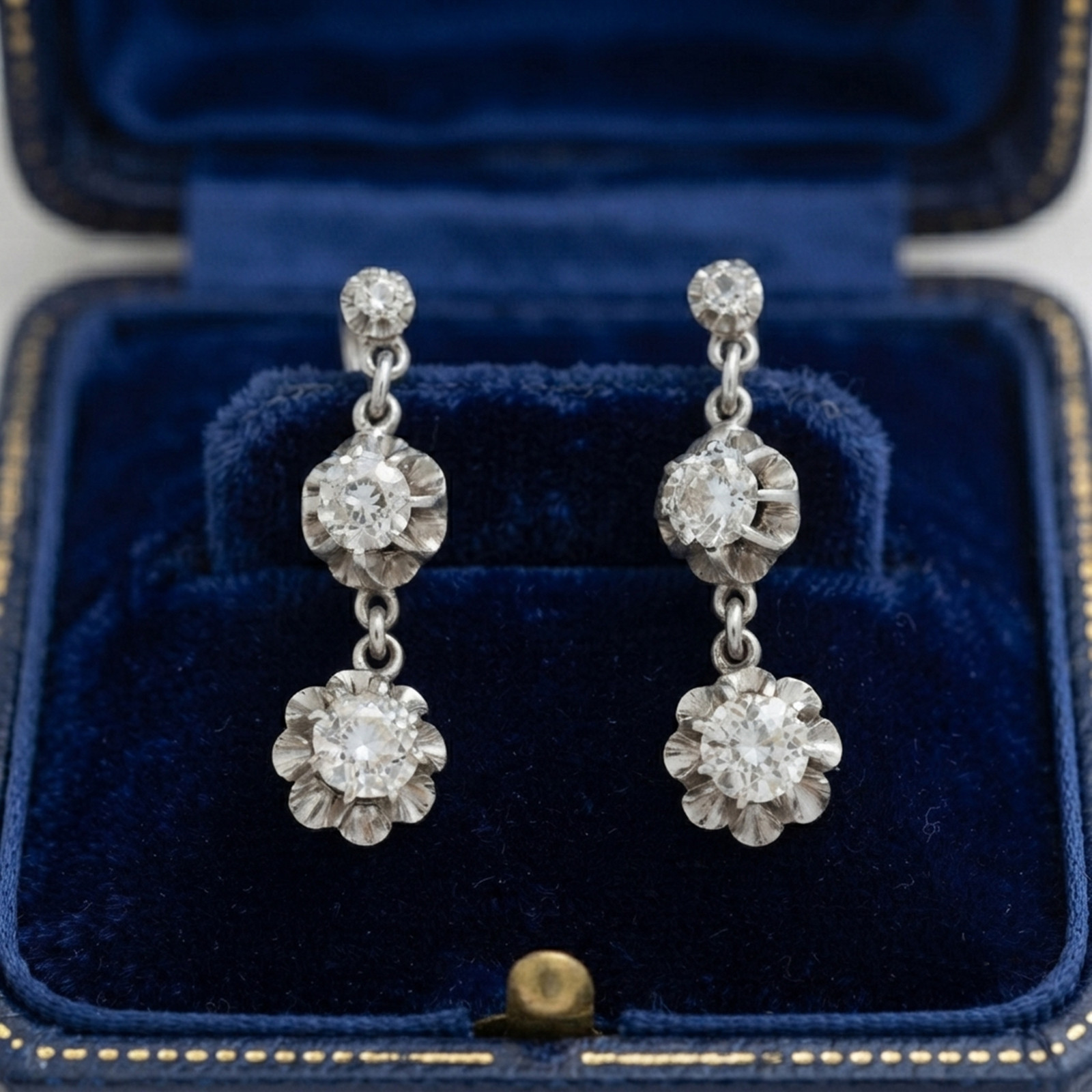Round Cut Lab Created Diamond 14K Gold Art Deco Three Stone Dangle Drop Earrings