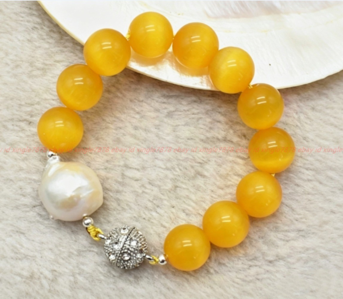 Natural 12/14mm Yellow Cat’s Eye White Baroque Pearl Gemstone Bracelet 7-9in