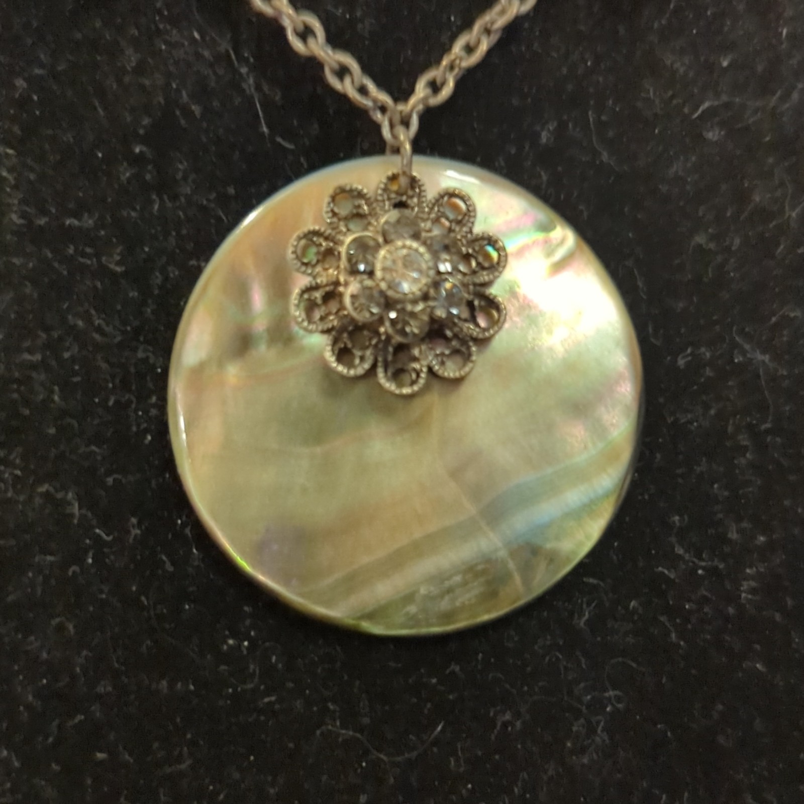 Silver Tone Cable Chain Necklace, Round Mother of Pearl Charm Crystal Floral