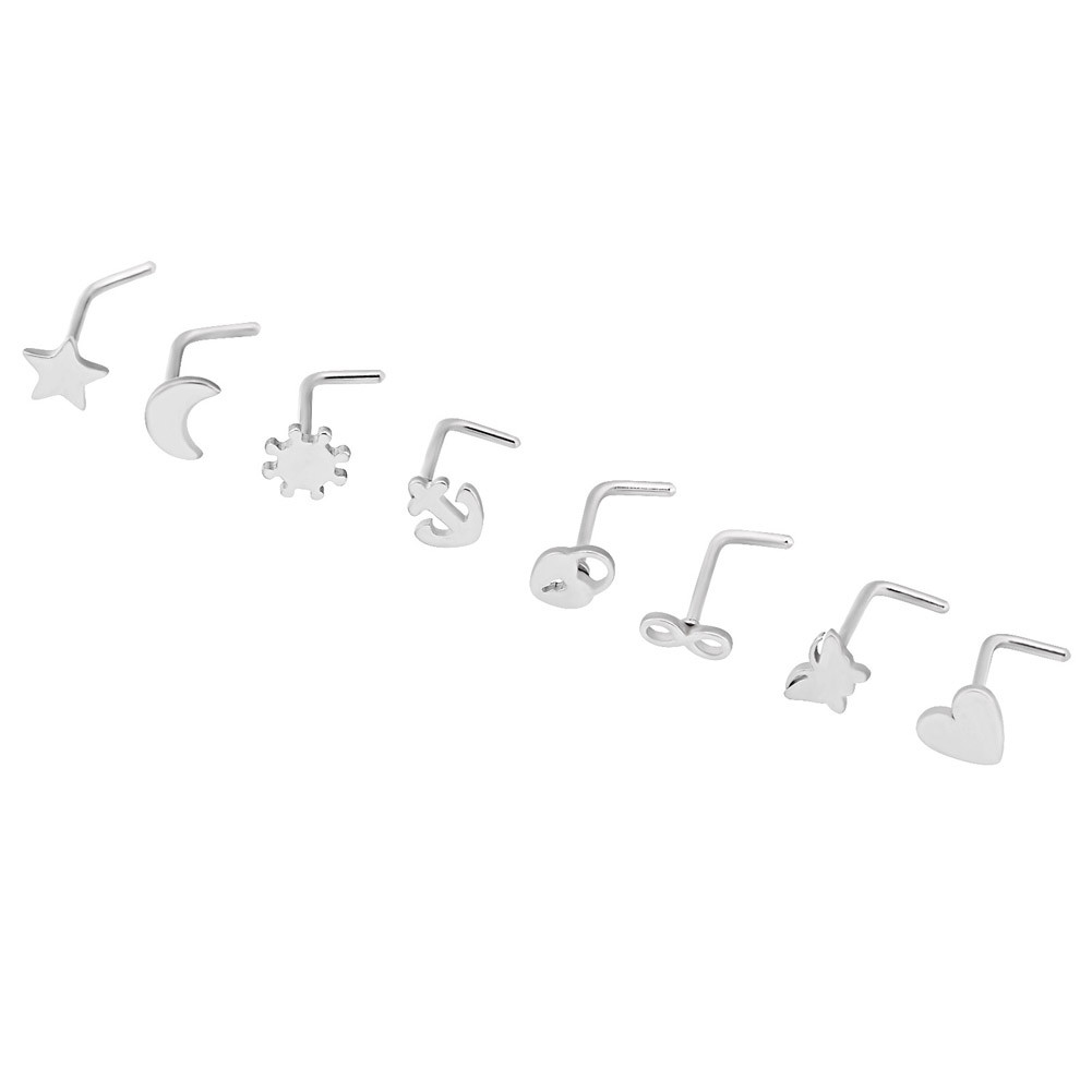 8 pcs Nose Ring L Shape Lip Ear Studs 20G Surgical Steel Mix Style Piercing Set